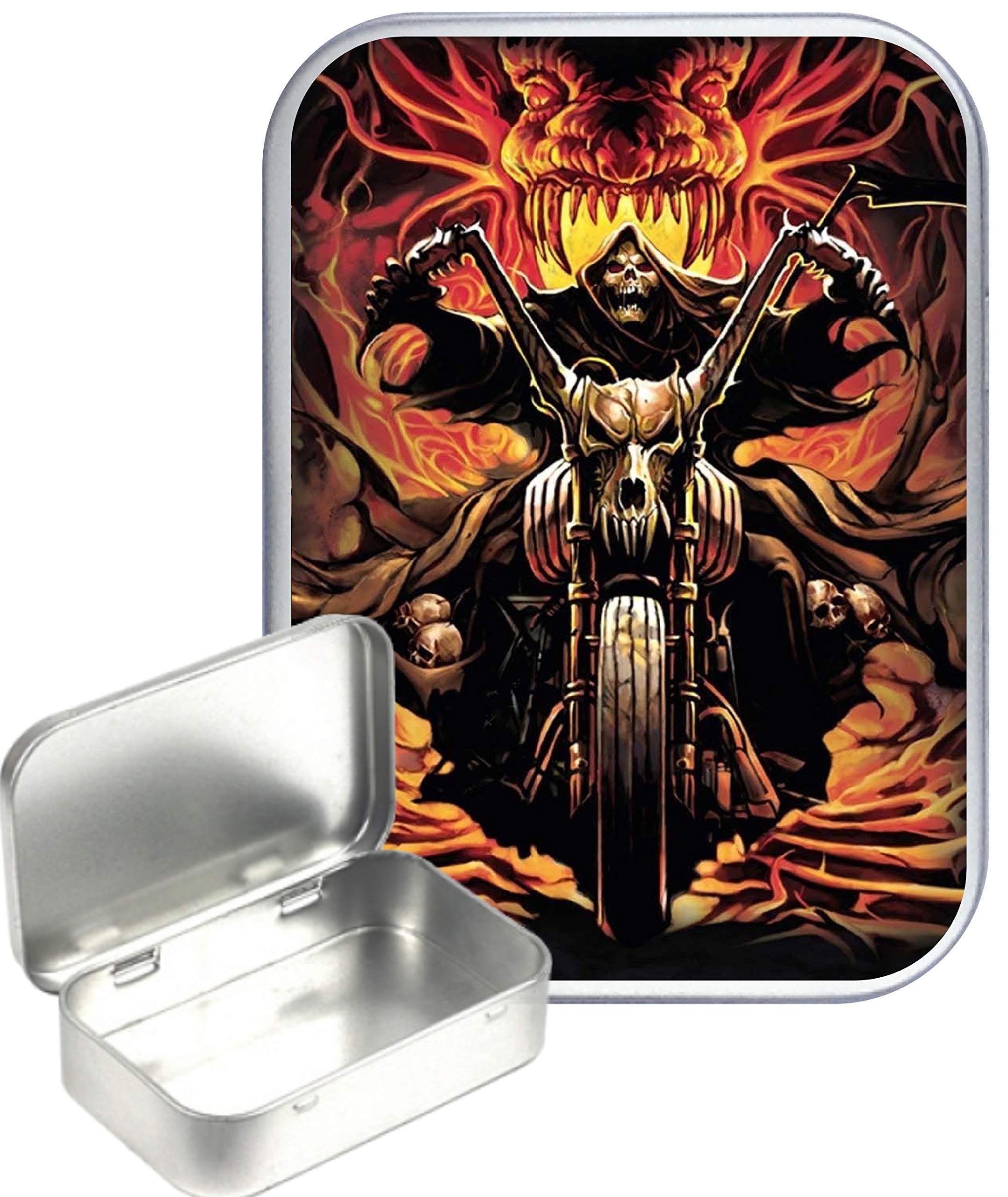 TEEZ Grim Reaper Bike 30ml Small Silver Hinged Tin, Hinged Pill Tin,Gift Box,1oz Tobacco Tin