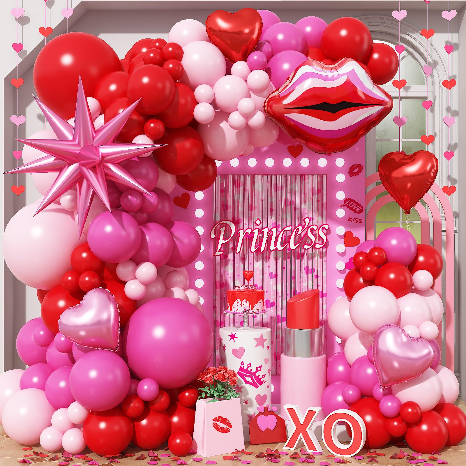 Valentines Day Balloon Arch Kit Hot Pink Red Balloon Garland with Lip Heart Star Foil Balloons Rose Red Baby Light Pink Galentines Party Decorations for Proposal Engagement Wedding Mothers, 97Pcs