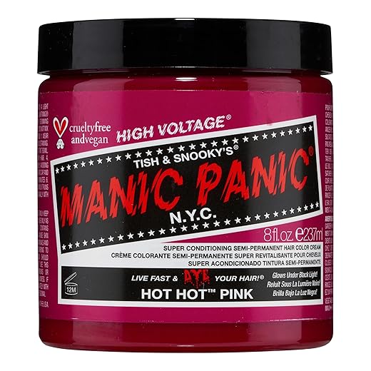 Manic Panic Hot Hot Pink Hair Dye – Classic High Voltage - Semi Permanent Hair Color - Medium Pink Shade - Glows in Blacklight – For Dark & Light Hair - Vegan, PPD & Ammonia Free 8oz