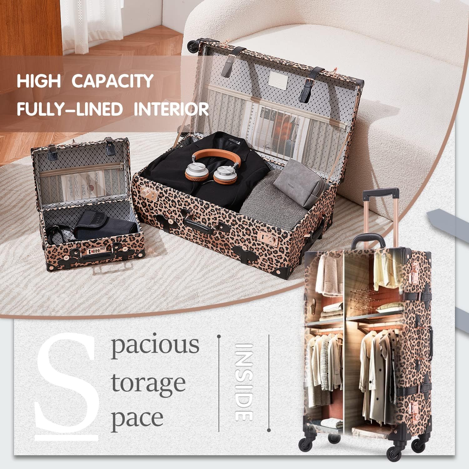 review Unitravel Vintage Luggage Set 2 Piece Leopard Suitcase with TSA Lock and 12inch Train Bag for Women