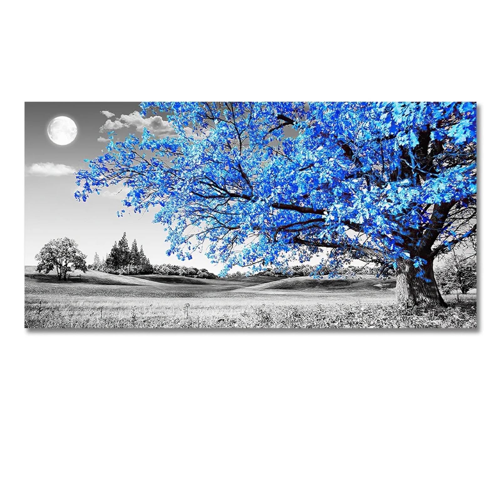 Wall Art for Living Room Abstract Modern Artwork Blue Tree Moon Landscape Painting Office Nordic Canvas Print Decor 60x120cm(23.6x47.2in) No frame