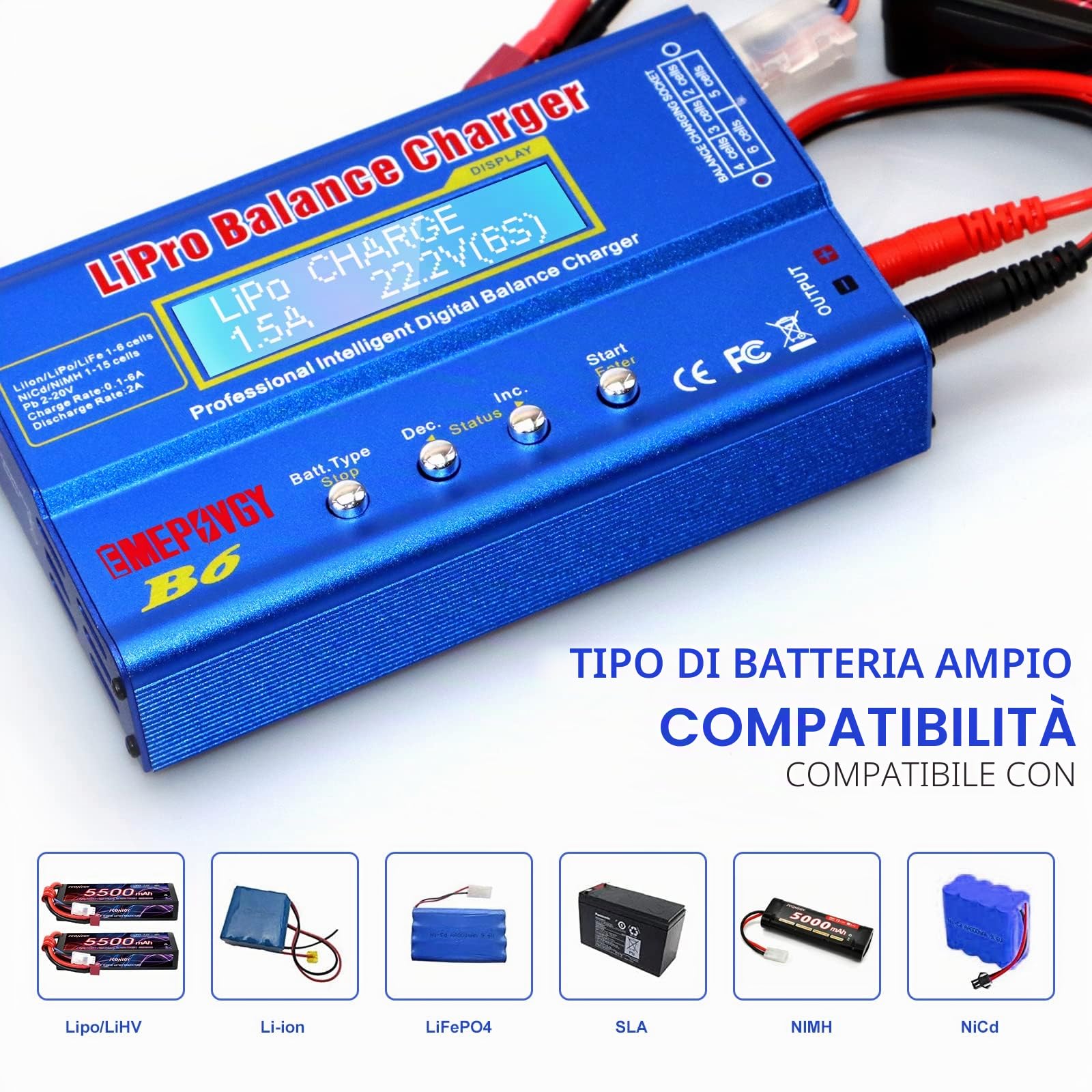 B6 Balance Lipo - Caricatore 80 W 6 A, schermo LCD, per batteria LiPo/Li-Ion/Life (1-6S) NiMH/NiCd (1-15S) / PB(2-20 V) con alimentatore AC¡­