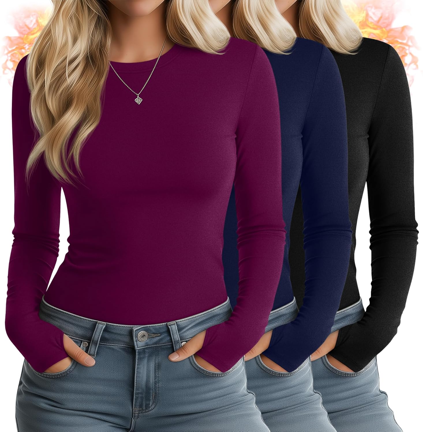 Huukeay 3 Pack Women's Thermal Shirts with Thumb Holes Long Sleeve Basic Tops Slim Fit T-Shirts Casual Soft Fleece Layer