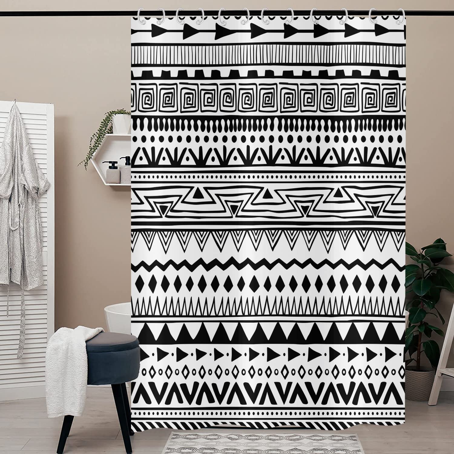 Hnmdmyi Boho Shower Curtain 150x180, Black and White Shower Curtains Farmhouse Geometric Tribal Bohemain Bathroom Curtains with Hooks Waterproof Polyester Fabric Washable Bath Curtains for Wet Room — image 1
