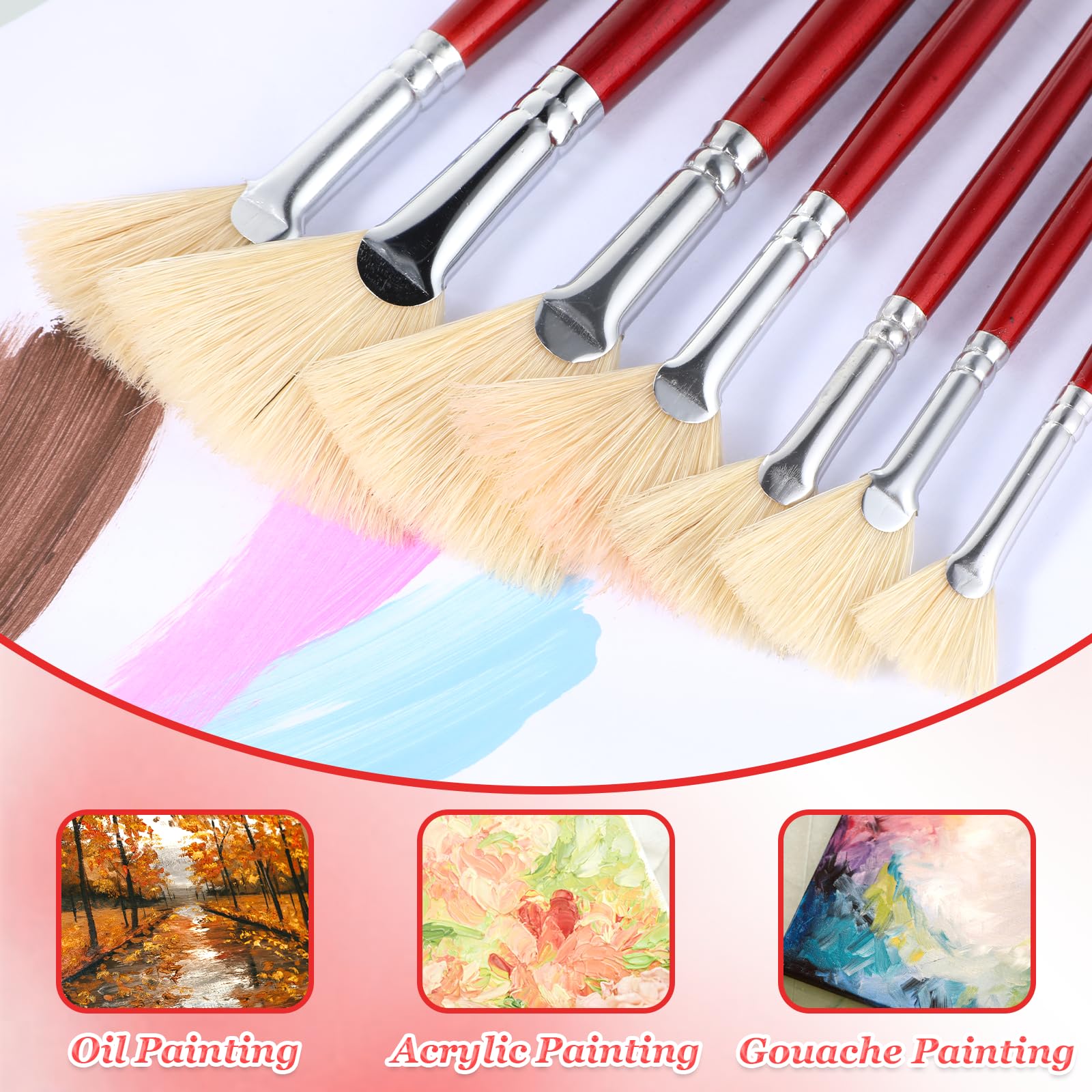 7 pennelli a ventaglio per pittura, set di pennelli a ventaglio con setole naturali e manico lungo, pennello professionale a forma di ventaglio, morbido, anti-spargimento, per pittura acrilica, olio