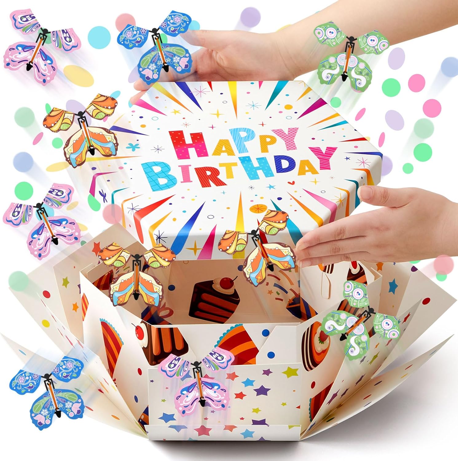 Flying Birthday Butterfly Surprise Gift Box, Large Butterfly Explosion Gift Box with 12 Pcs Flying Butterfly, Fantasy Box, Exploding Butterfly Birthday Box for Any Age(White)