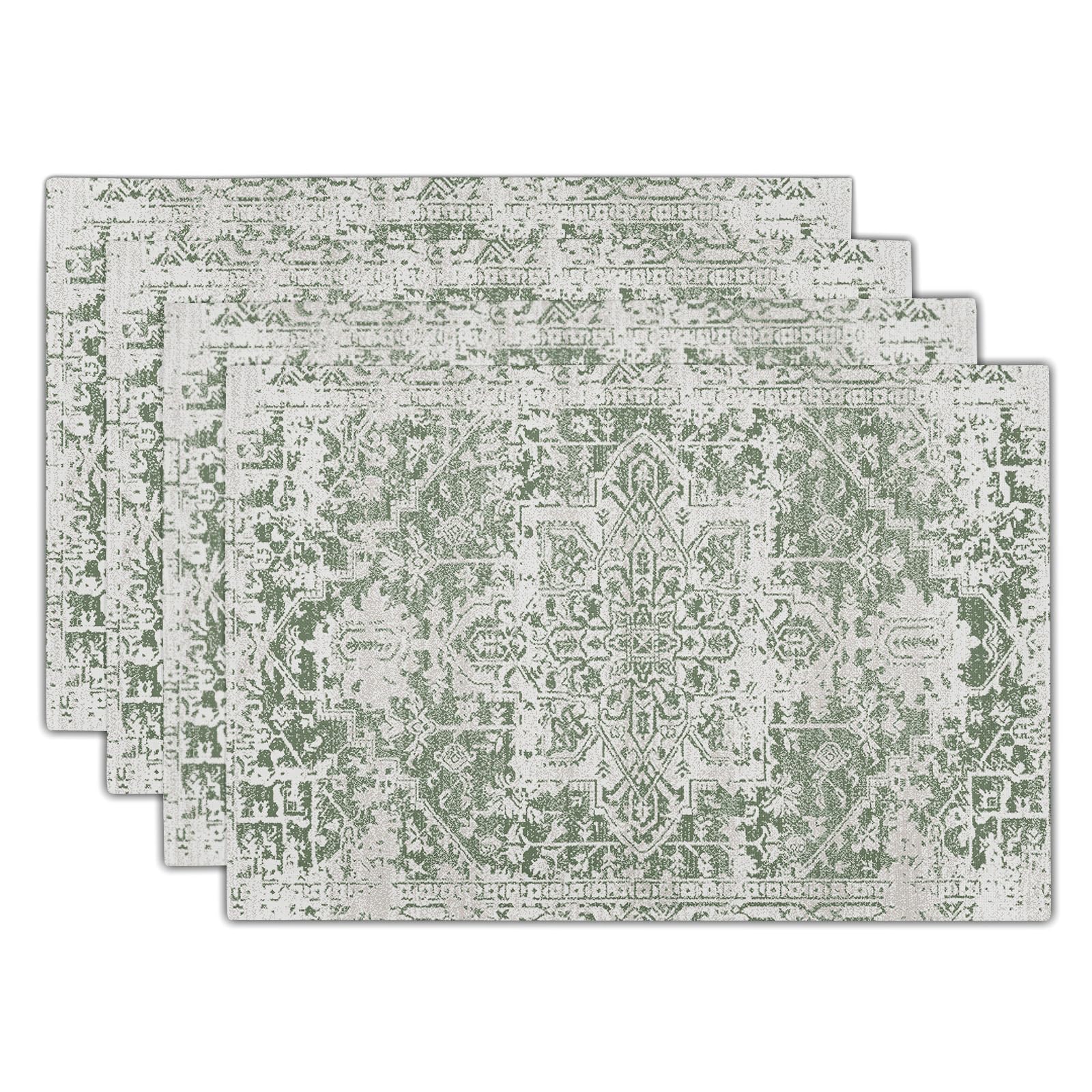Gray Sage Green Boho Placemats Set of 4 Ethnic Bohemian Carpet Place Mats Washable Kitchen Dining Vintage Grey Geography Floral Linen Table Mats Stain Heat-Resistant for Home Party Indoor 12x18 in