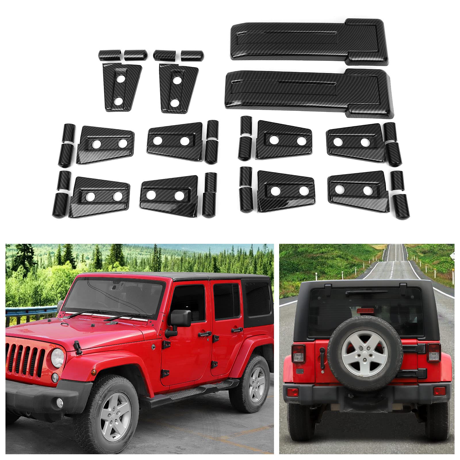 10-Piece Carbon Fiber Look Door Hinge + Hood Hinge Cover Trim For Jeep Wrangler JK 4-Door (2007–2017)
