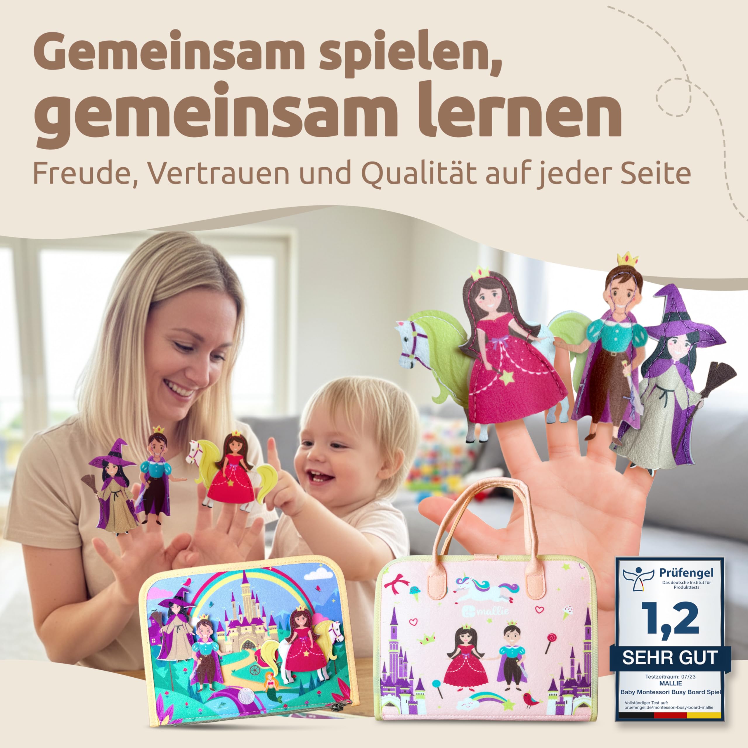 Mallie® Montessori Busy Board ab 1 2 3 4 Jahren inkl. Gratis Mal & Rätsel 48-Seiten Heft mit Rollenspiel-Set & Fingerpuppen Lernbuch - Feinmotorik & Konzentration Quiet Book, Activity Board Quiet Book