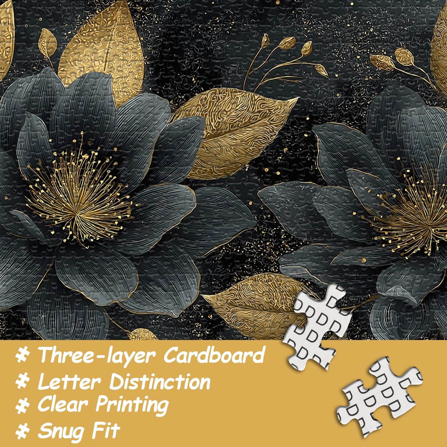 Flower Puzzle for Adults 1000 Pieces, Elegant Black and Gold Floral Art Puzzle, Beautiful Floral Wall Decor