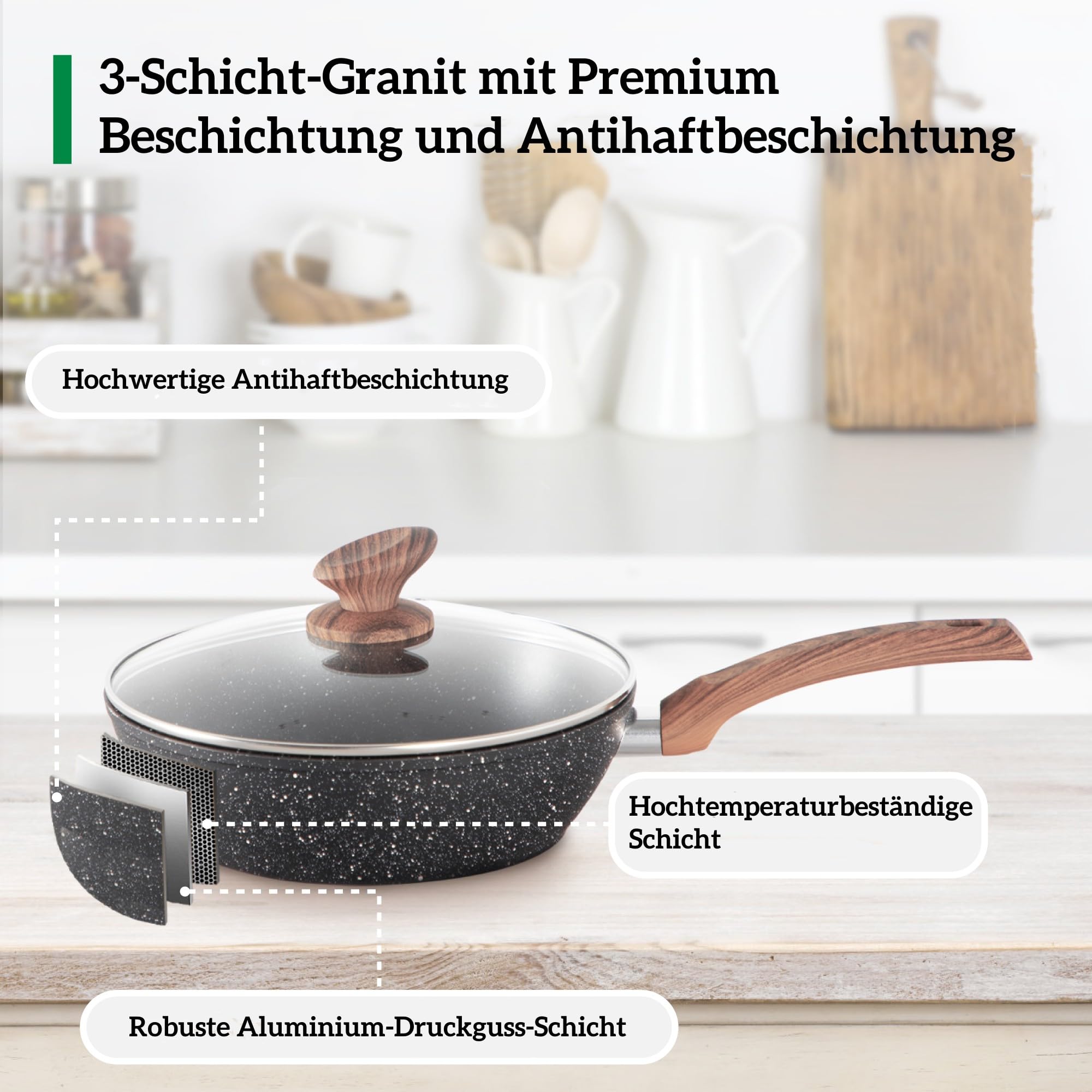 Kitchen Academy - Set di pentole a induzione, 17 pezzi, con coperchi in vetro e rivestimento in granito, con padelle e pentole (nero, 17 pezzi)