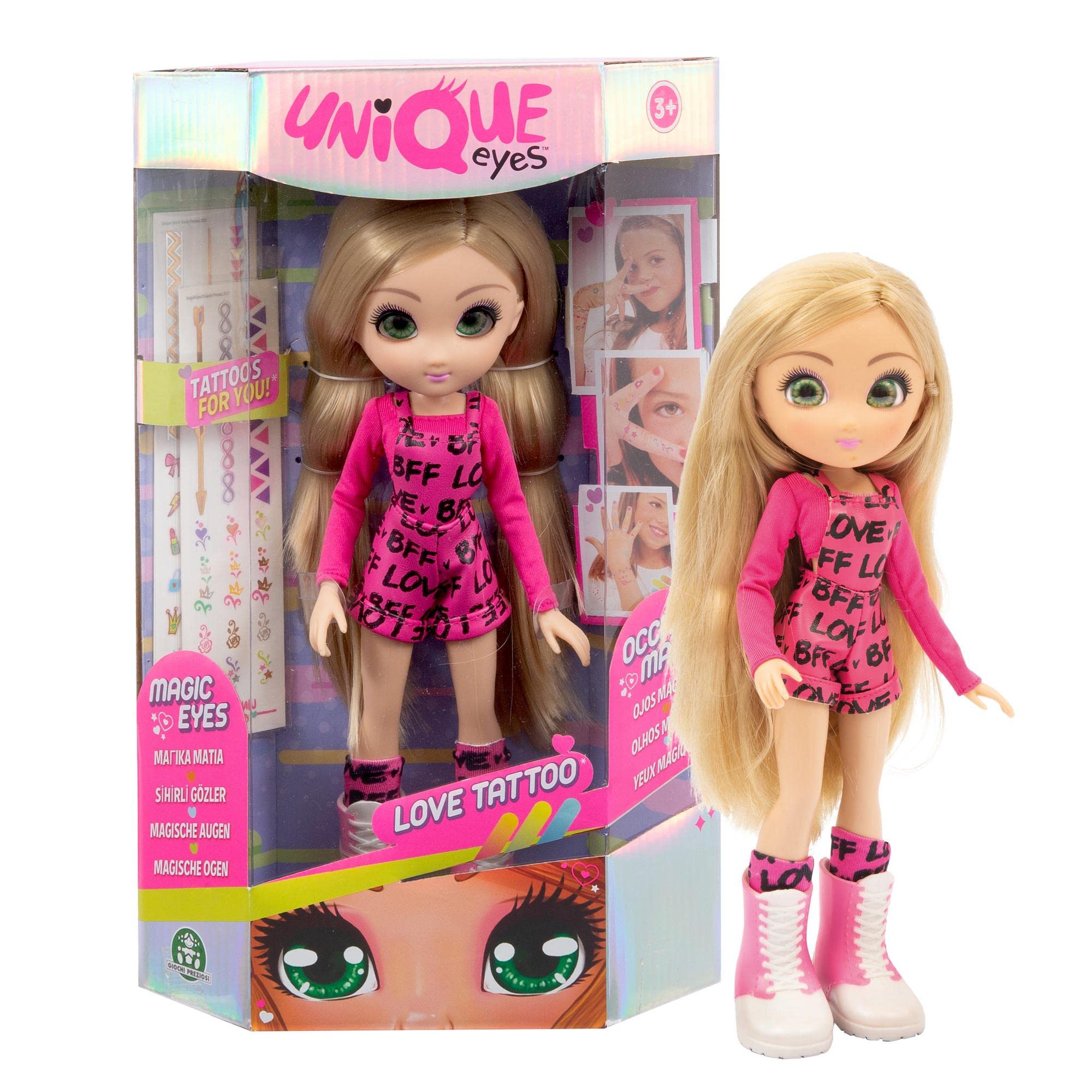 Giochi Preziosi Unique Eyes Love Tatoo Amy trägt modische Kleidung und in der Packung finden Sie die bunten Tattoos für trendige Mädchen, für Kinder ab 3 Jahren, Mym32100