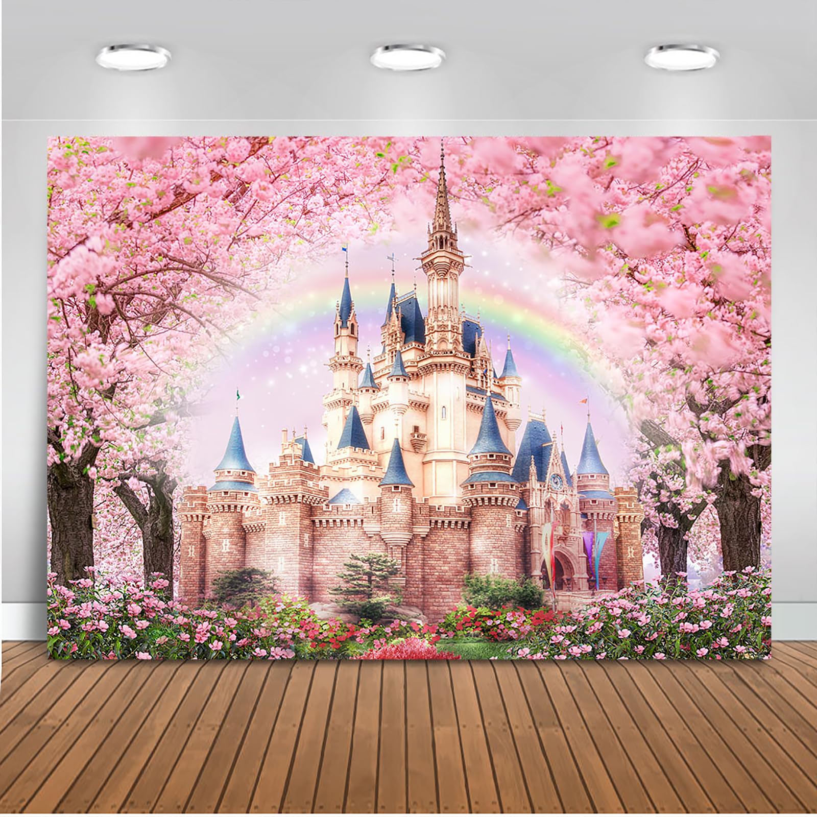 Mocsicka Floral Castle Backdrop Princess Castle Pink Sakura Forest Rainbow Flowers Floral Fantasy Fairy Tale Wonderland Background Wedding Birthday