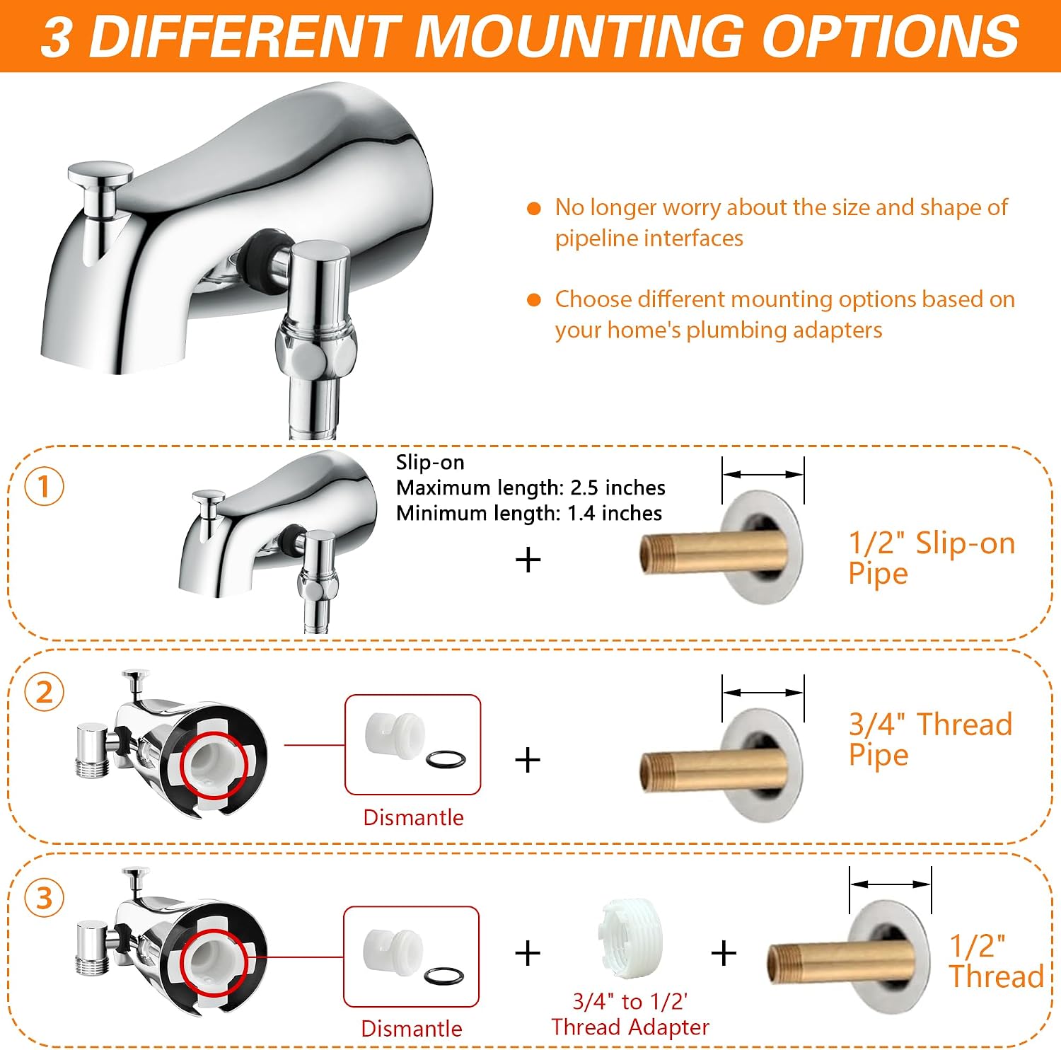 Tub Spout with Diverter, Chrome Metal Bathtub Faucet with Sprayer High Pressure 5 Settings Hand Shower Slip-On Bath Spout Faucet Set