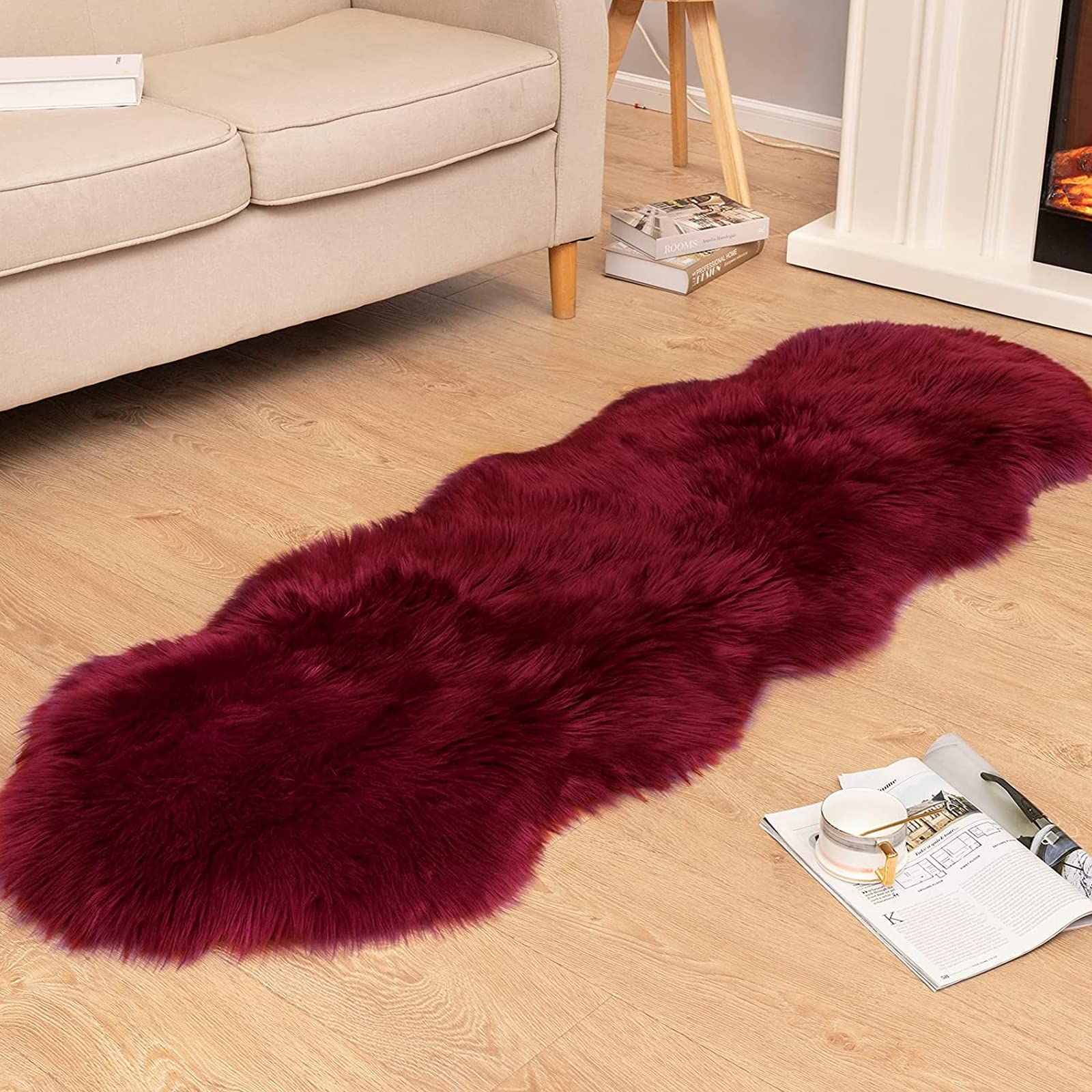 Lammfellimitat Teppich Faux Lammfell Schaffell Teppich Weich Flauschig Faux Fell Teppich Bettvorleger Sofa Matte Kunstfell Dekofell für Wohnzimmer Schlafzimmer (60x180 cm, Rot)