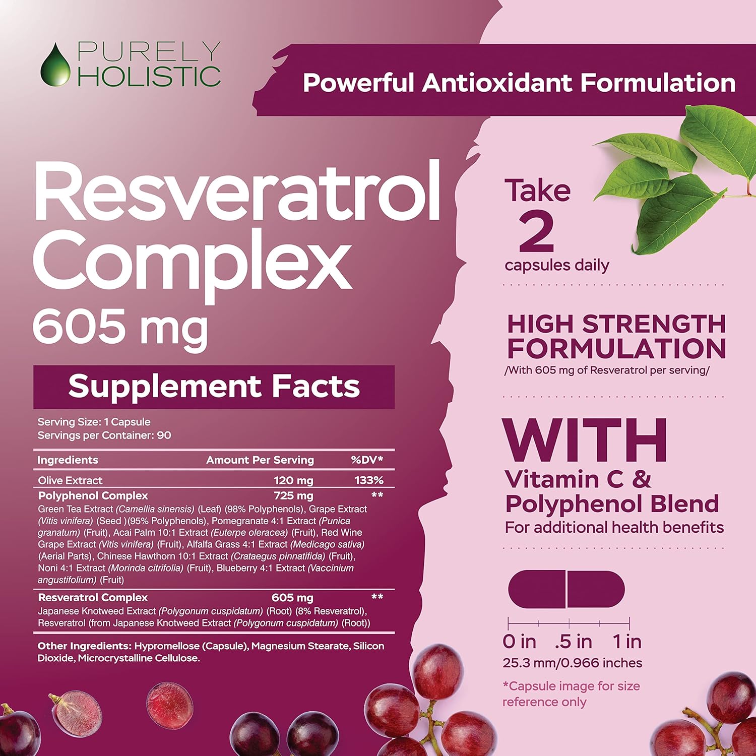 Purely Holistic Olive Leaf Extract 750mg + Resveratrol Complex 1450mg - 300 Vegan Capsules - Made in The USA