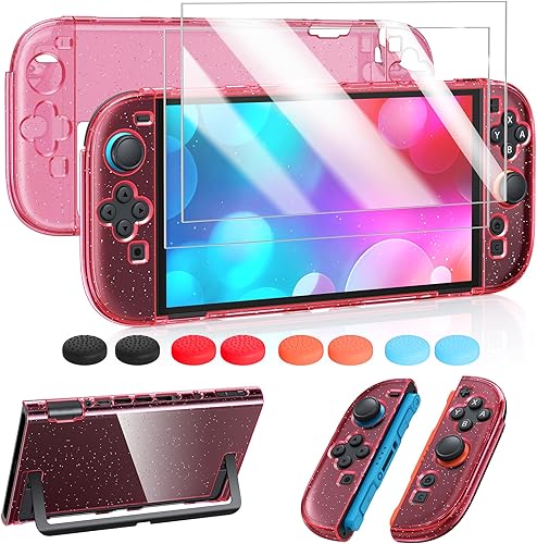 Vista 9 de FYOUNG Protective Case for Switch, Slim Hard Shell for Switch Accessories, Scratch&Shock Protection Cover with Screen Protector, 8 Thumb Grip(Clear