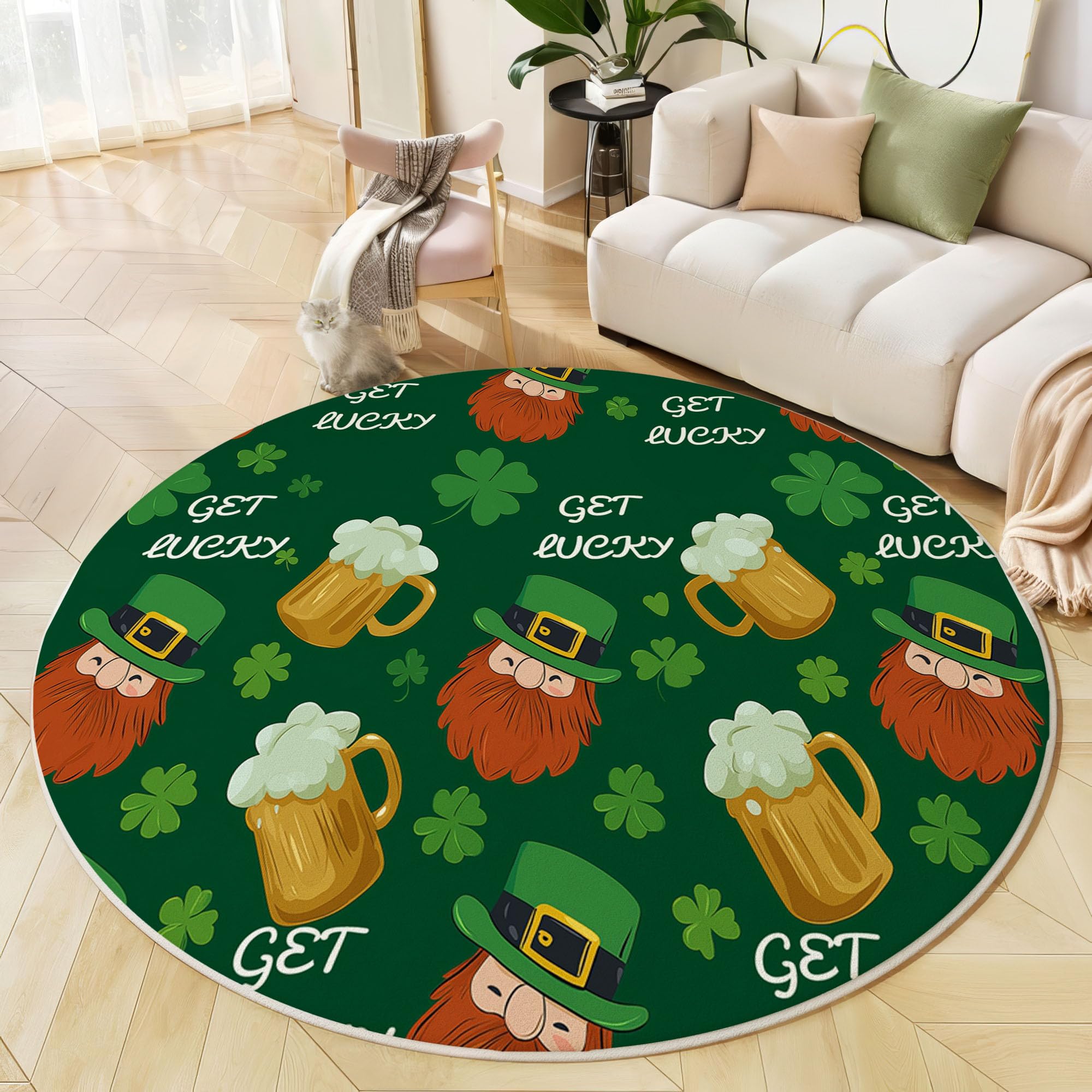 Tapis rond lavable 100 cm trèfle et bière vert émeraude pour salon