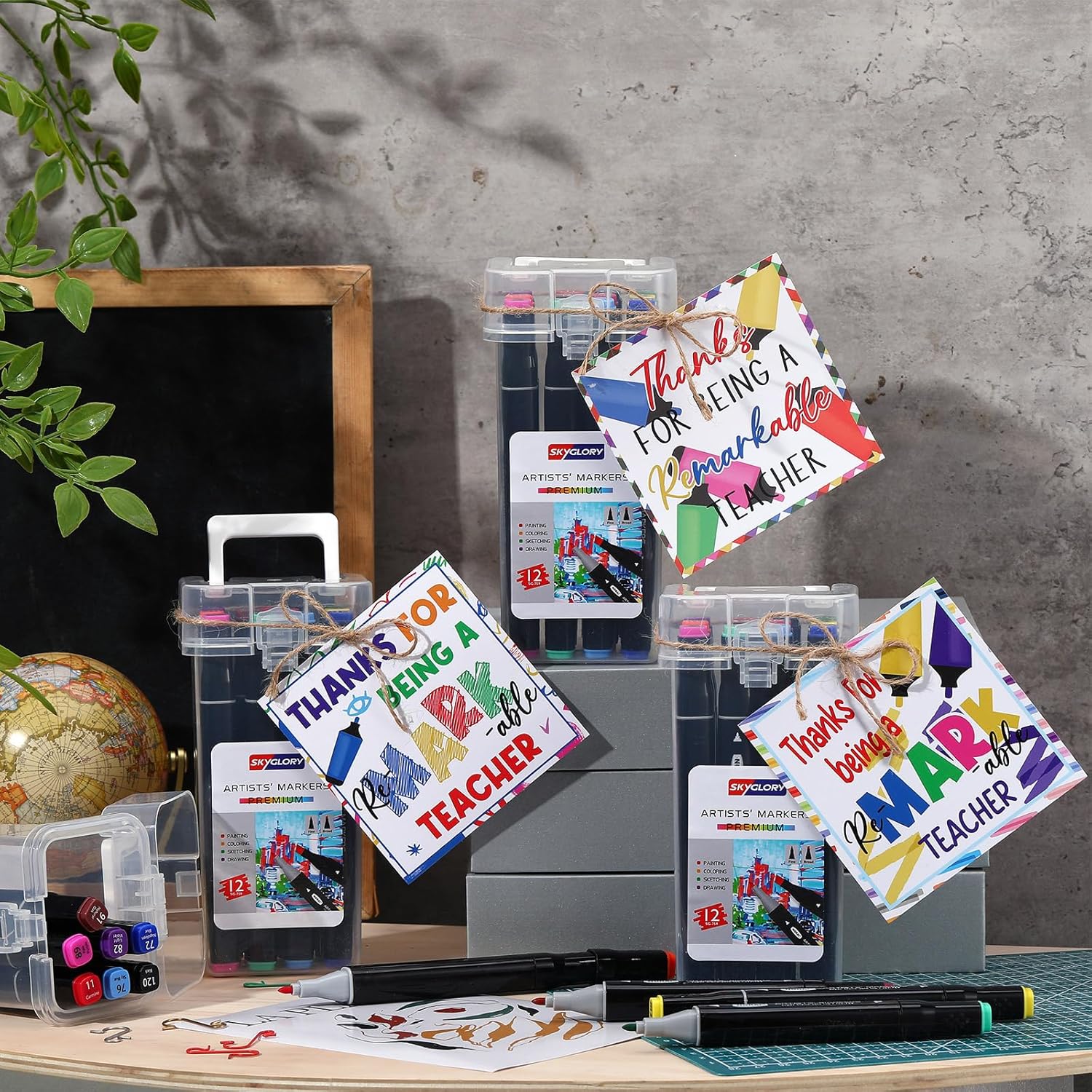Fullhawl 6 Sets Teacher Appreciation Gifts Bulk Thank You Gift for Teachers, Include 6 Pcs Thanks for Being a Remarkable Teacher Cards 6 Boxes Permanent Markers for Winter Holiday Gift