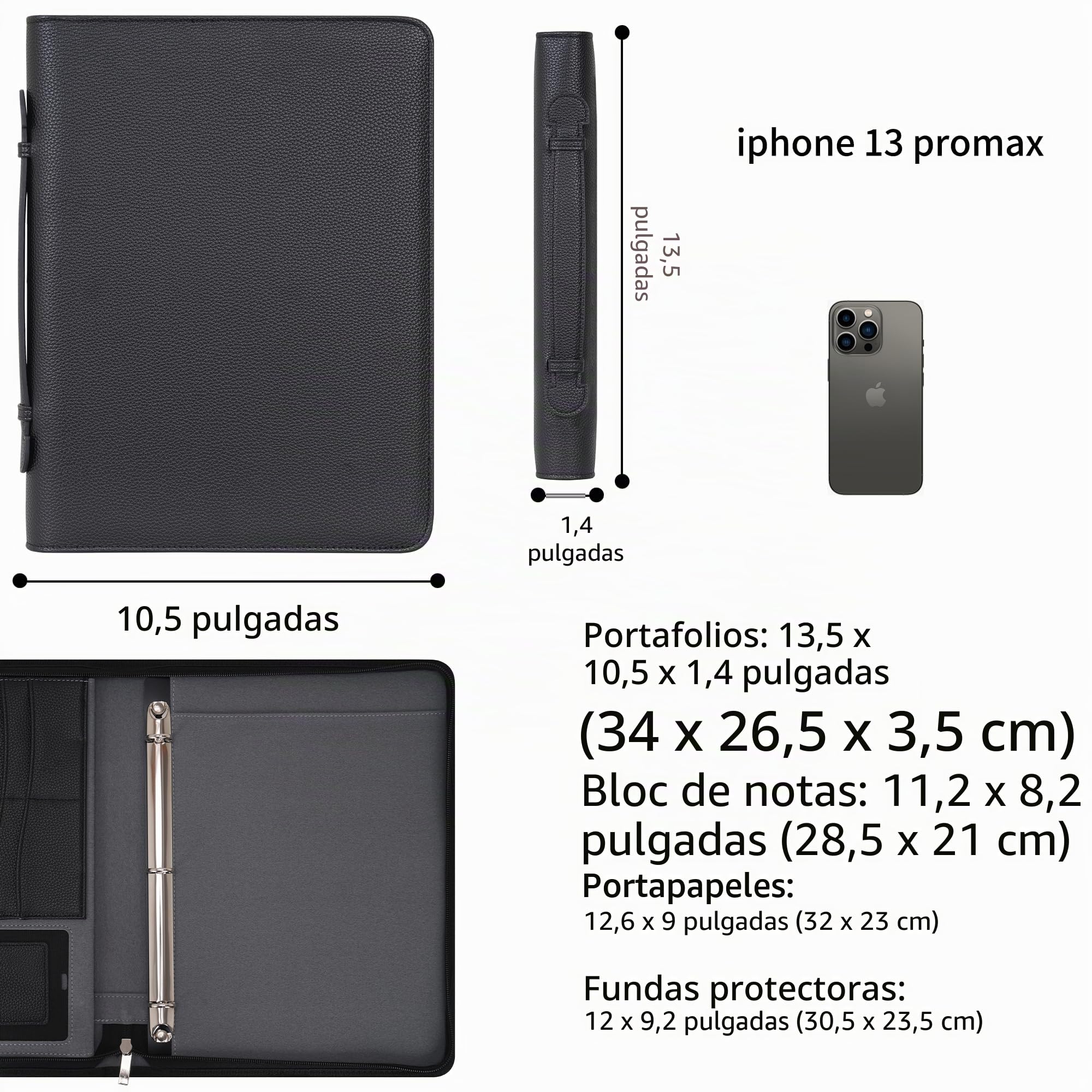 Wonderpool Carpeta de Viaje con Cremallera Carpeta de 3 Anillas A4 Padfolio Estuche de Documentos portafolios Organizador de Oficina Escuela para Hombres y Mujeres (Negro)