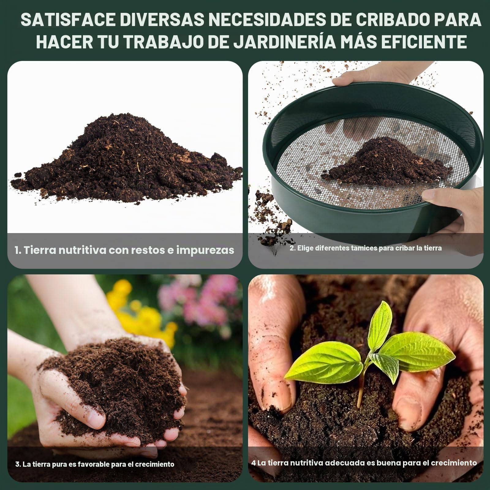 Tamiz de jardín redondo 4 en 1, 30 cm, acero inoxidable, con 4 tamices intercambiables y pala de jardín, tamiz para tierra, compost, semillas, arena