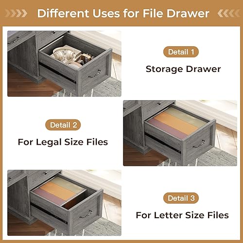 Miniatura 3 de BTHFST Escritorio ejecutivo estilo granja con cajón para archivos, escritorio para computadora con estación de carga y luces LED, escritorio de