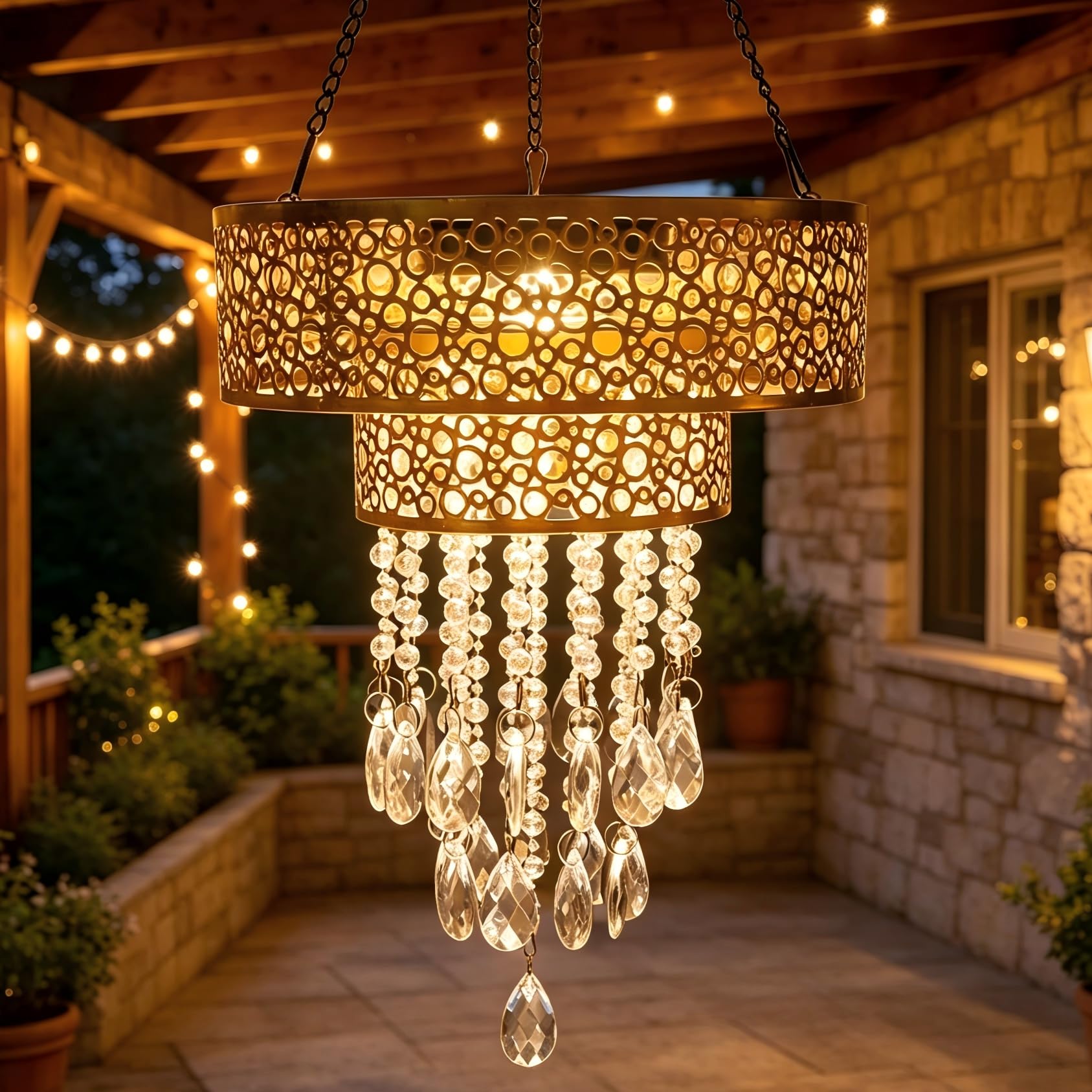 Solarlampen für Außen Solar Hängeampel mit Kristallperlen Gold Solar Laterne Garten Terrasse Balkon Outdoor Deko