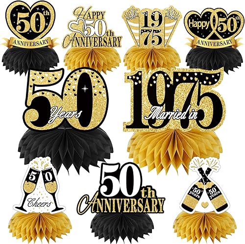 9 piezas de decoración de 50 aniversario para centros de mesa, color negro dorado feliz 50 aniversario de boda, centro de mesa de panal de abeja,