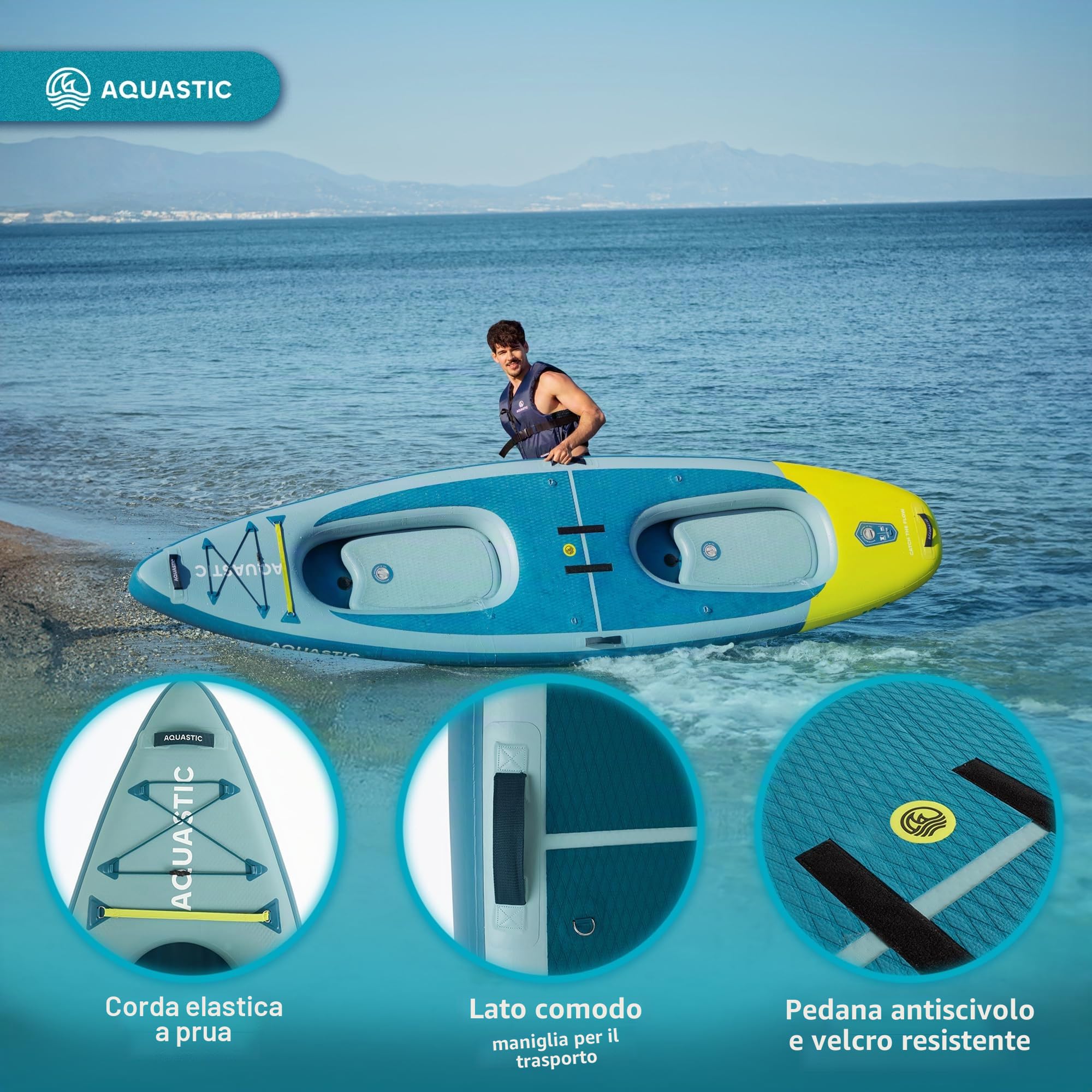 AQUASTIC Raglan 13'2" SUP Kayak Hybrid Board – 620 l, 2 posizioni di pagaia, sedile montabile, Drop Stitch Lite, 98 cm di larghezza, 2 pinne, Eva Deck, set completo con pagaia, pompa e zaino