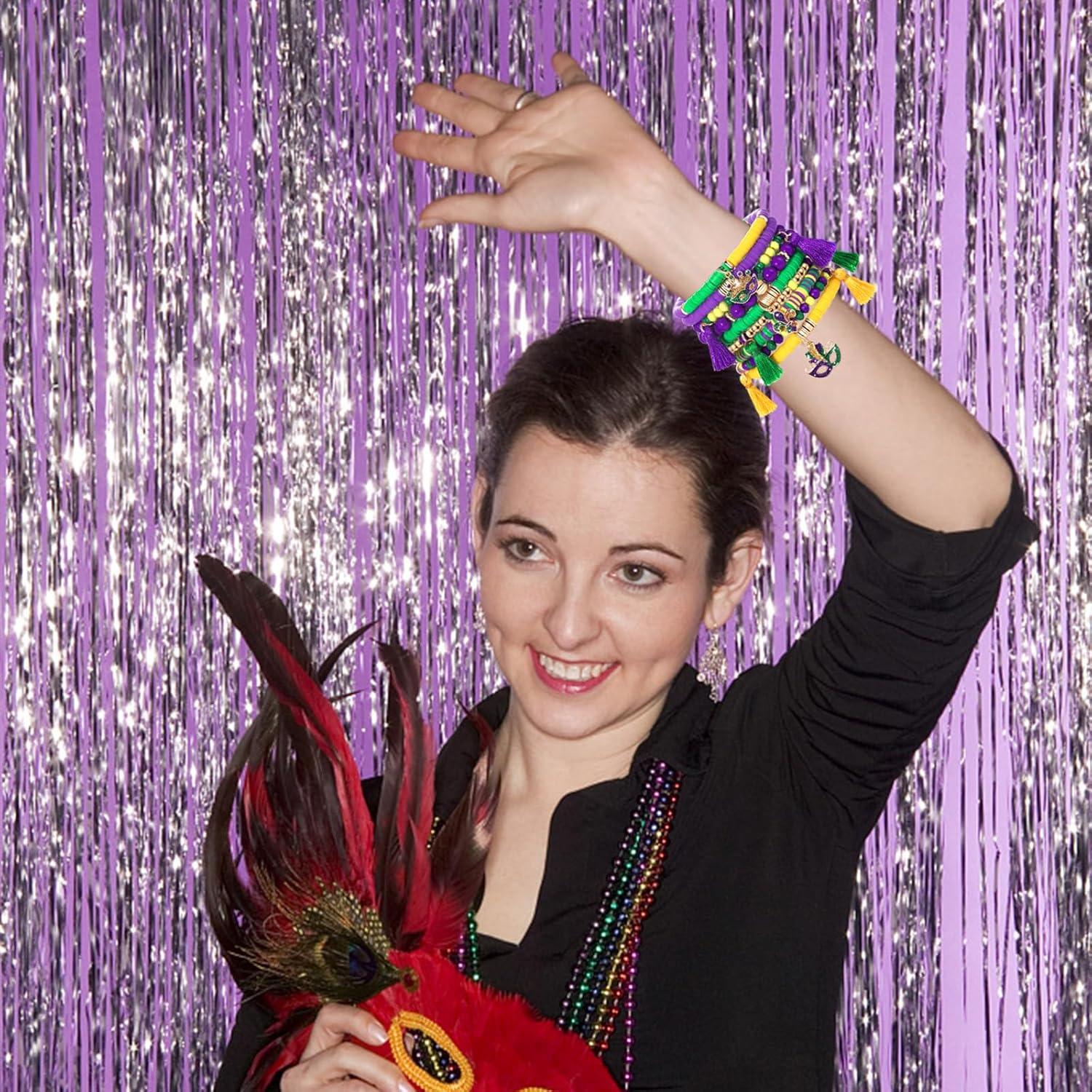 FAERLIIRY Mardi Gras Beaded Bracelets for Women Heishi Stretch Bracelets Mask Fleur De Lis Charm Bracelets Carnival Holiday Preppy Bracelets Jewelry - Image 2