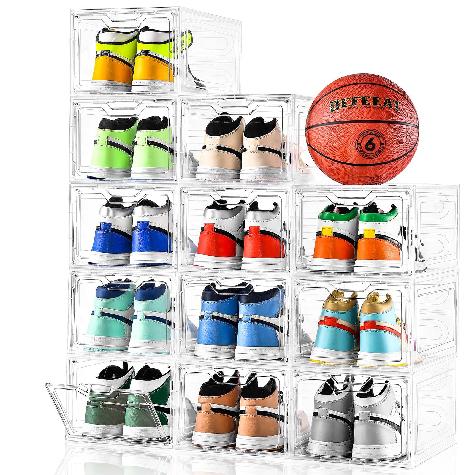 12 Pack Thicken & Sturdy Clear Shoe Storage Organizer with Magnetic Door, Shoe Boxes Clear Plastic Stackable for Closet, Shoe Rack for Sneaker Boot Container, Shoe Cabinet Fit up to US Size 12