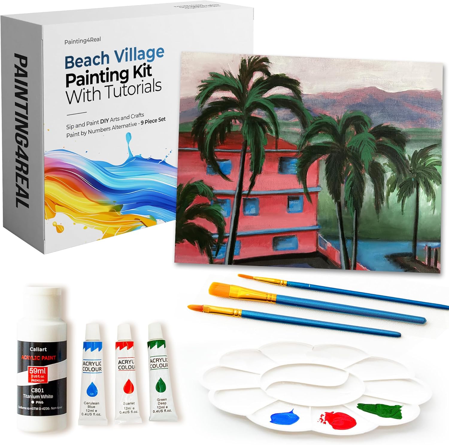Painting4Real DIY Art Painting Kit for Adults – Learn to Paint Beach Village with Video Tutorials – 9 Pieces Acrylic Paint Set for Adults –Perfect Christmas Crafts & Holiday Gifts for Art Lovers