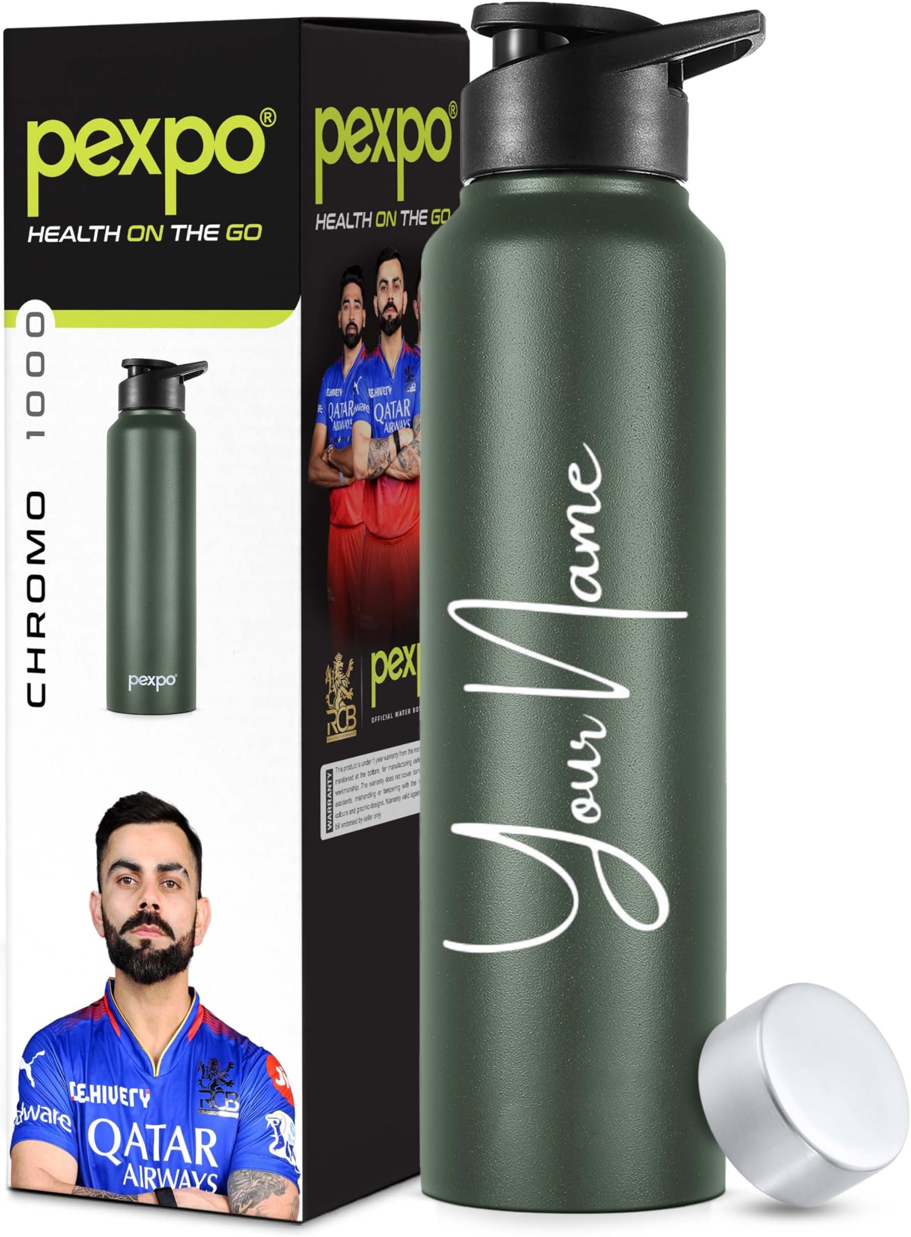 PEXPO Chromo 1000 ISI Certified Stainless Steel Customisable Sports/Fridge Water Bottle With Dual Cap - 950ml | Single Wall | Lightweight | For Home, Office, Gym, School, Travelling - Military Green