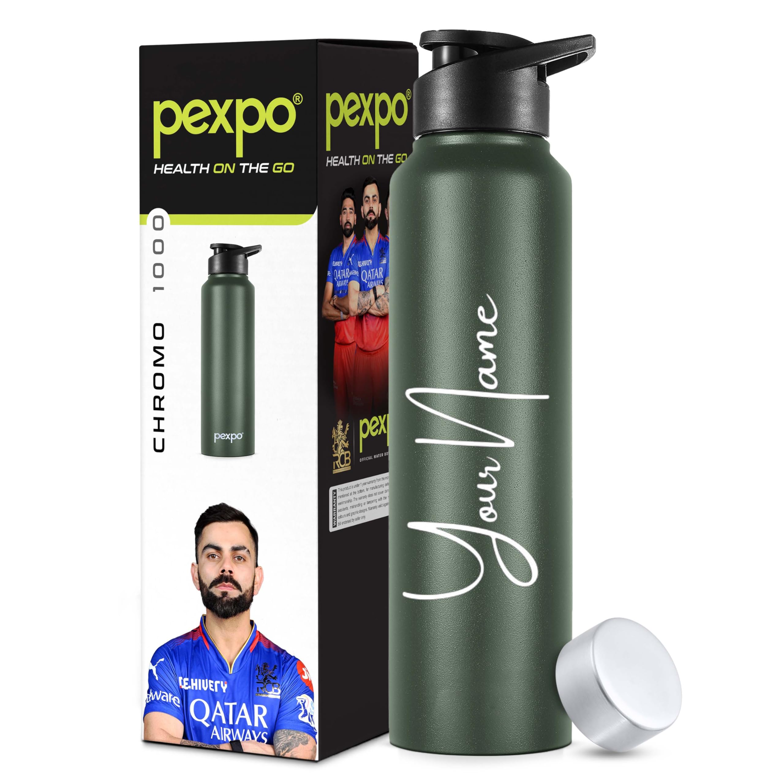 PEXPO Chromo 1000 ISI Certified Stainless Steel Customisable Sports/Fridge Water Bottle With Dual Cap - 950ml | Single Wall | Lightweight | For Home, Office, Gym, School, Travelling - Military Green