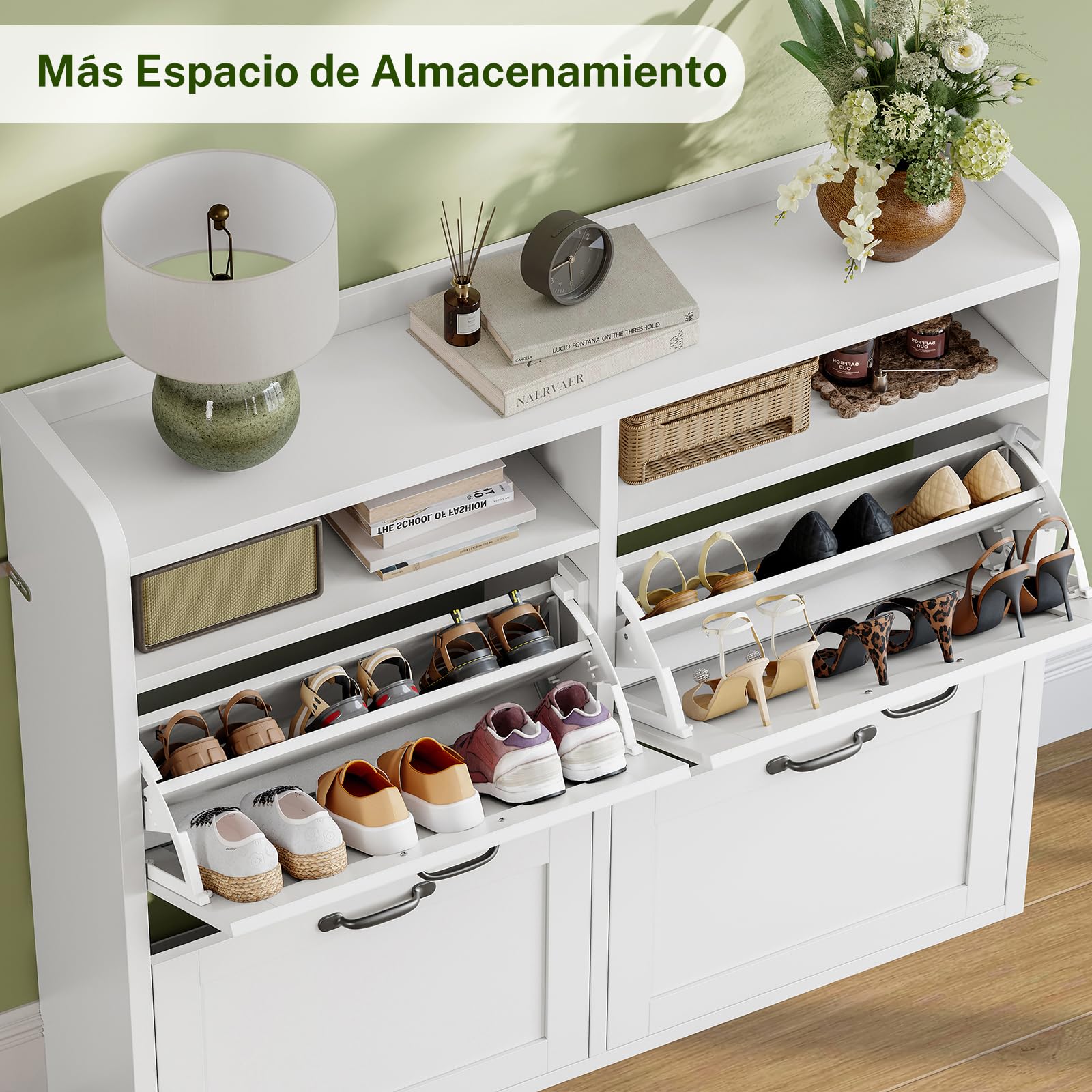 TEENFON Mueble Zapatero Recibidor Estrecho–105cm de Ancho, Armario Zapatero con 4 Solapas y 2Compartimentos Abiertos, Estantes Ajustables, para16–24Pares de Zapatos, Apto para Pasillo,Recibidor,Blanco