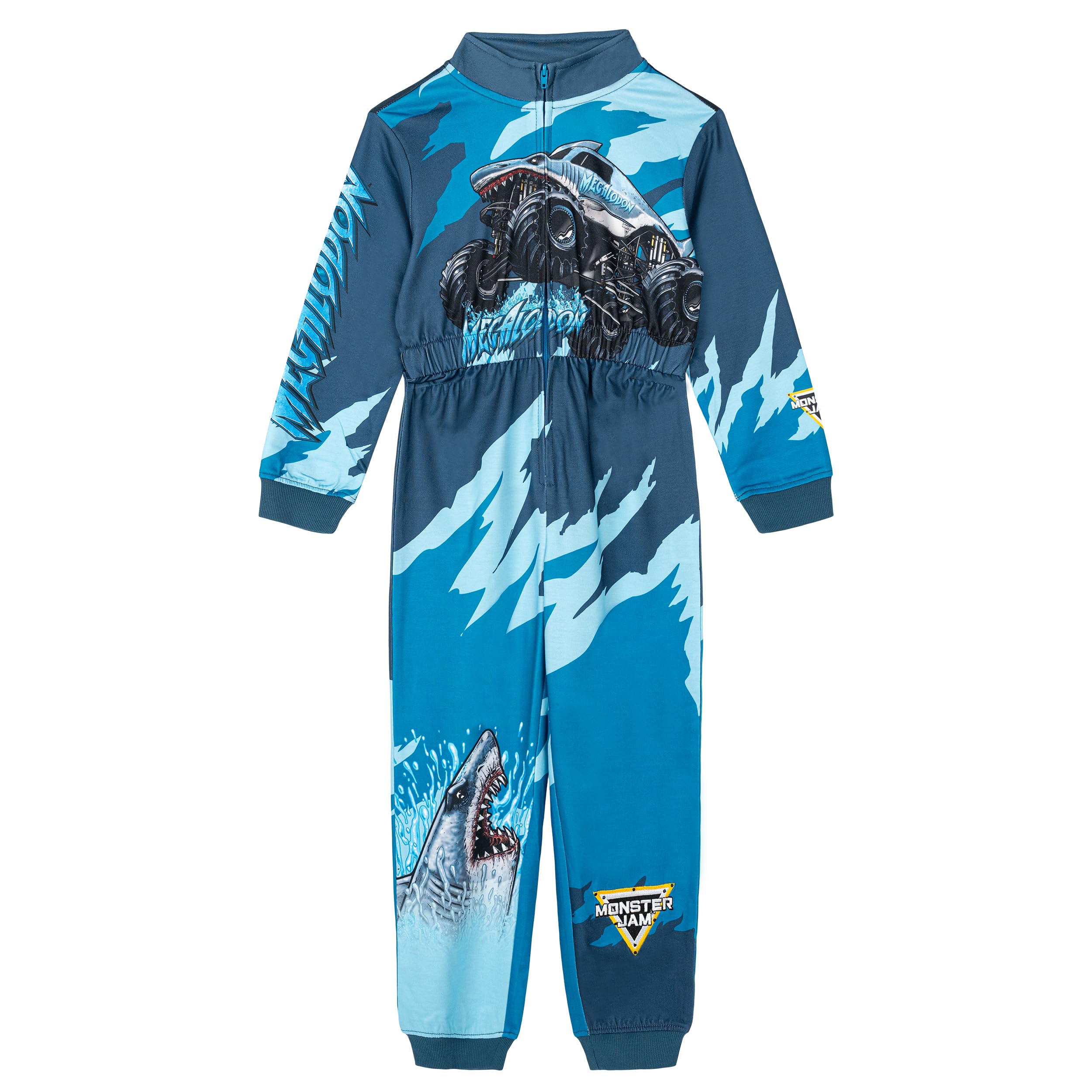 Monster Jam French Terry Racing Zip Up Jumpsuit Toddler to Large Kids Grave Digger El Toro Loco Megalodon, Blue Megalodon, 4 Jahre
