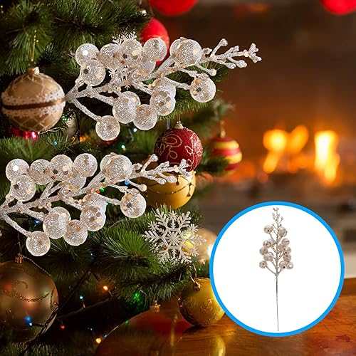 Miniatura 3 de Abaodam 10 piezas de bayas de imitación de Navidad, púas de bayas de Navidad, tallos de bayas rojas de imitación, bayas en tallos de bayas doradas