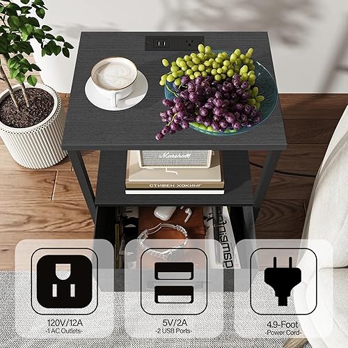 Miniatura 5 de TUTOTAK Mesa auxiliar con estación de carga, mesa auxiliar con 2 puertos USB y tomacorrientes, mesita de noche con cajón de tela, juego de 2, mesa