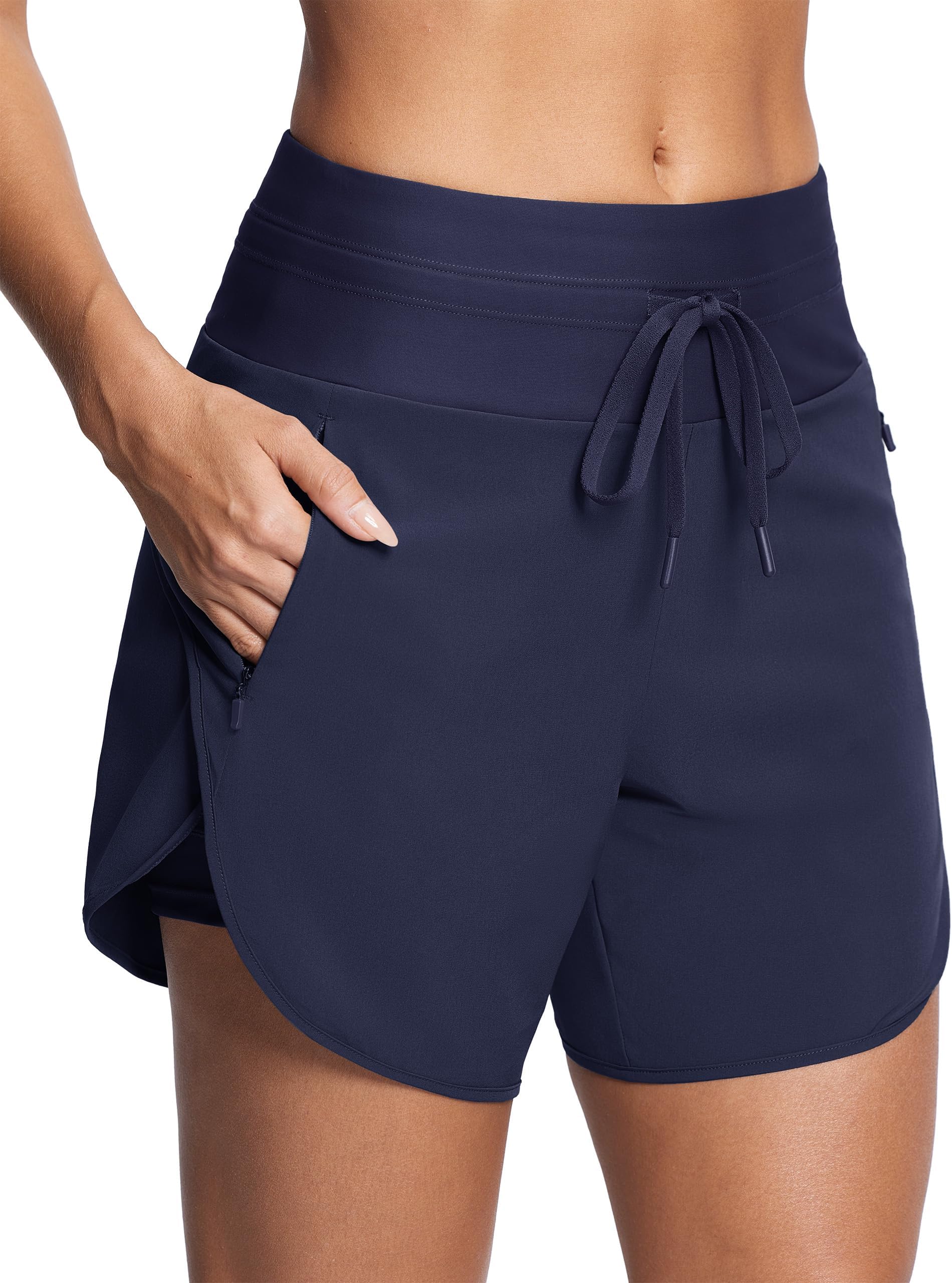 ISEEGZ Womens 5.5" Swim Shorts High Waisted Board Shorts with Pockets Quick Dry UPF 50+ Beach Shorts with Liner