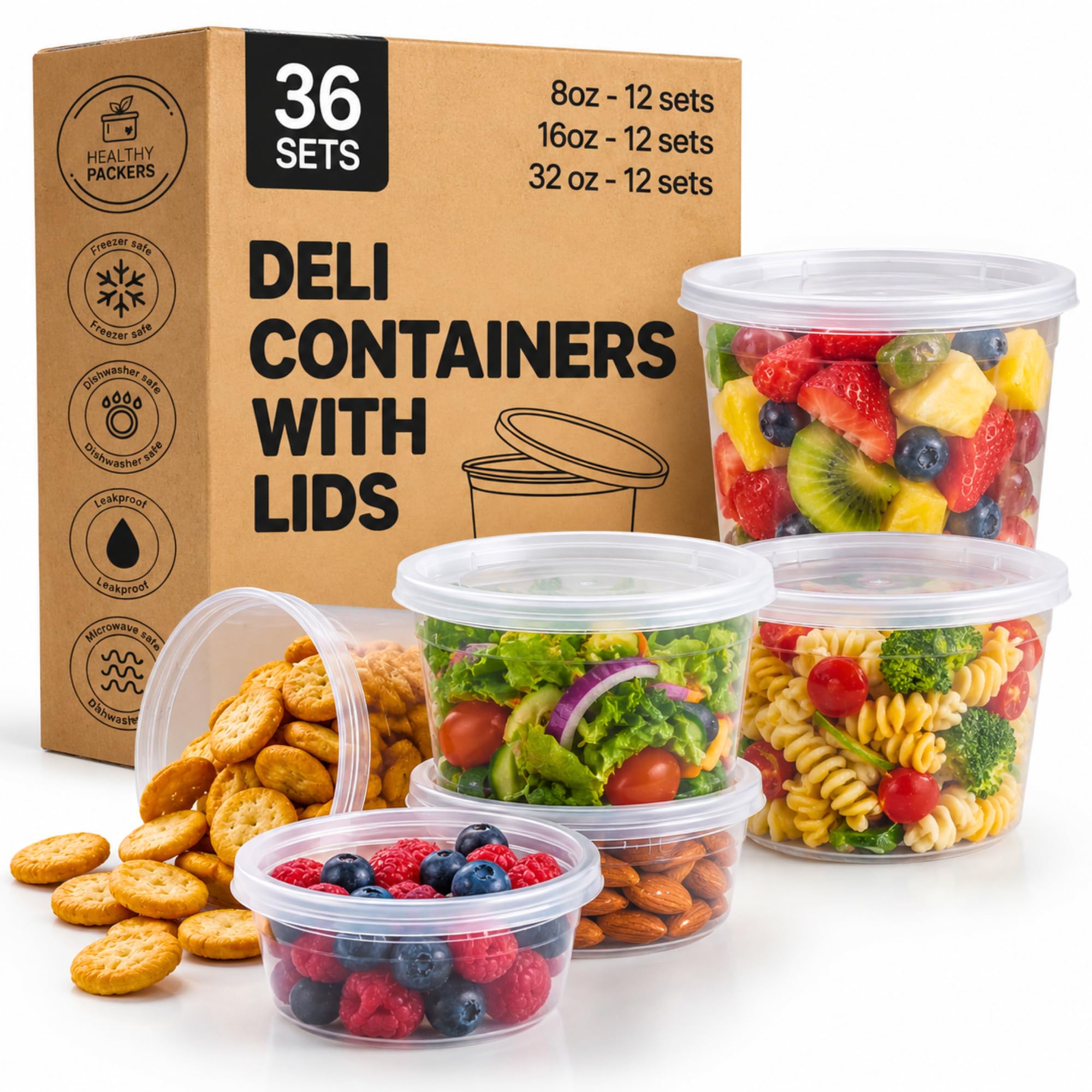 Healthy Packers Premium Deli Cups Boîte de conservation alimentaire compatible congélateur, micro-ondes et lave-vaisselle Transparent 32 oz
