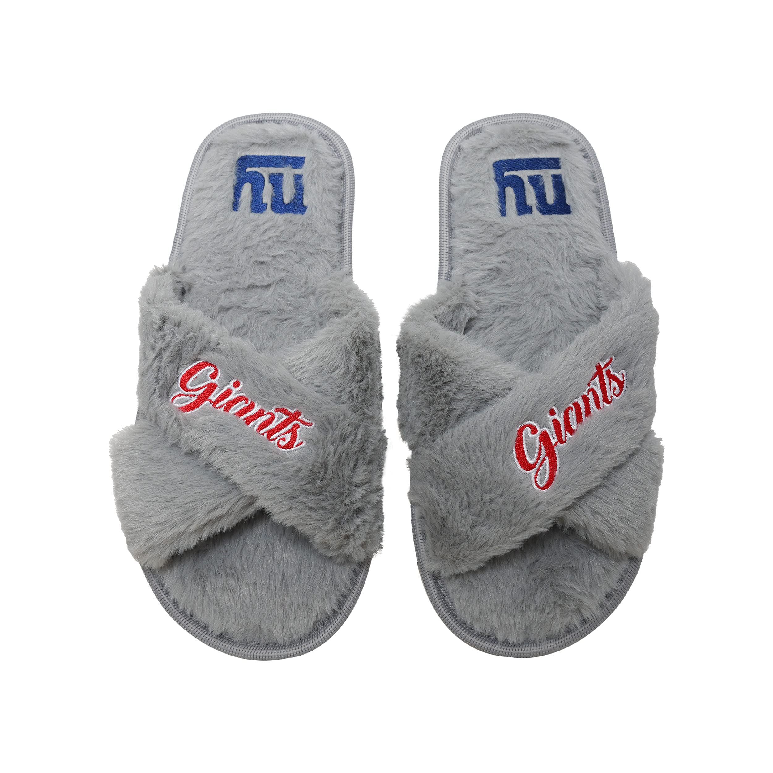 FOCO Womens NFL Team Script Wordmark Fuzzy Cross Slide Slippers