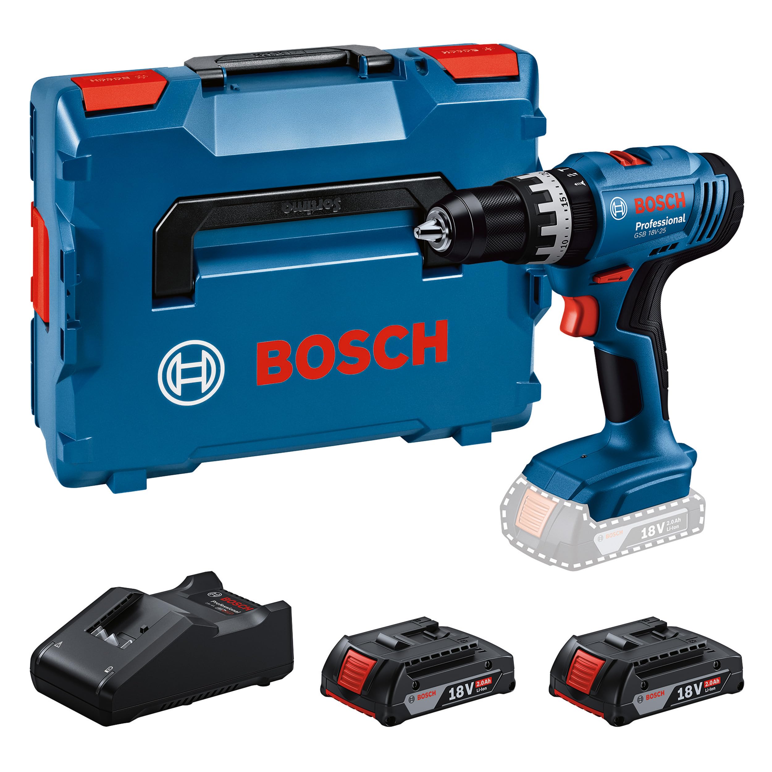 Bosch Professional 18V System perceuse-​visseuse sans-​fil GSB 18V-​25 (Ø vis max. 10 mm, avec 2 batteries GBA 2,​0 Ah, GAL 18V-​40, L-​BOXX)
