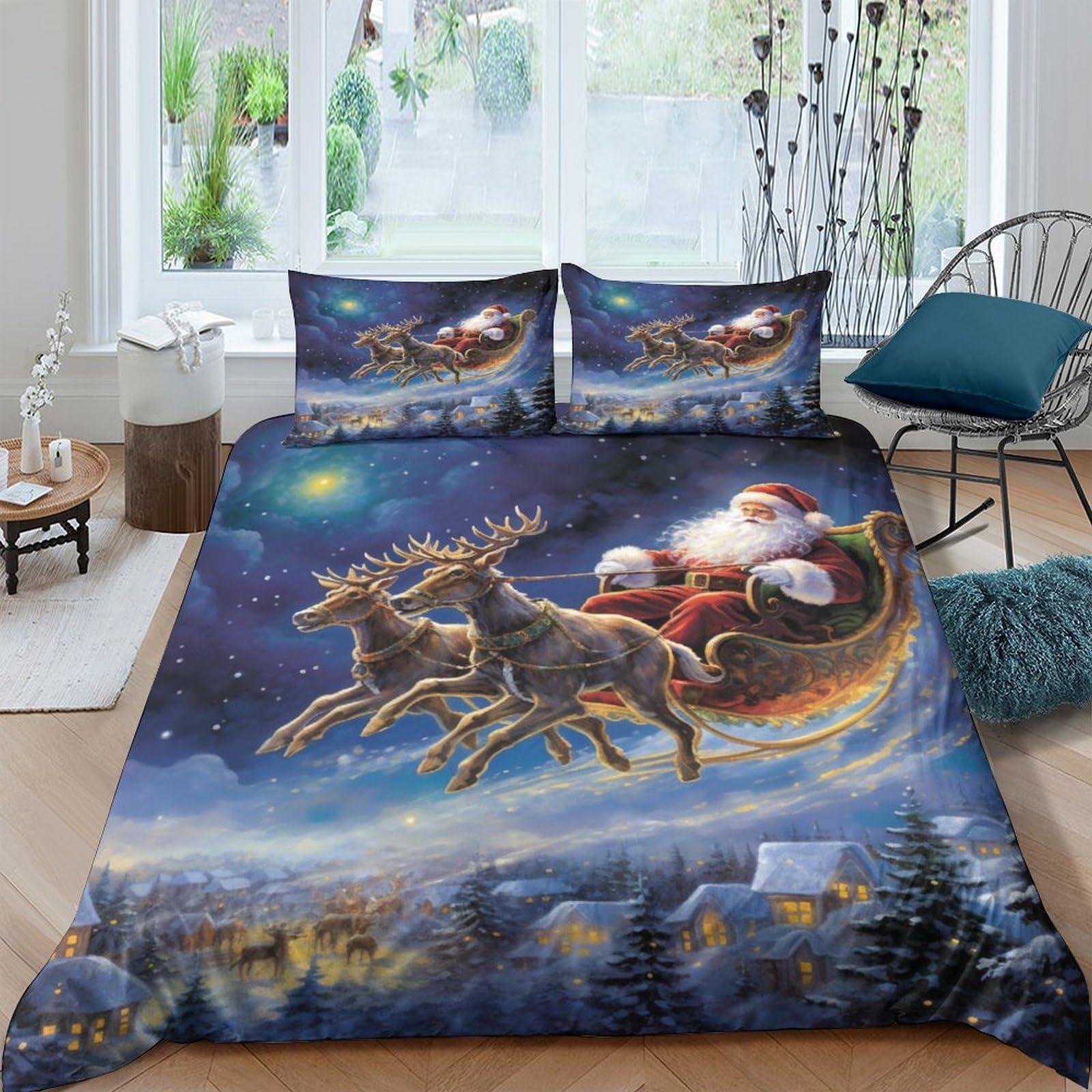 LKBASOEGD Santa Claus Duvet Cover Set 3 PCS Hotel Quality Quilt Cover Bedding Sets Bed Covers with Pillowcases with Zipper Closure Ultra Soft Anti Allergic Microfiber Double（200x200cm）