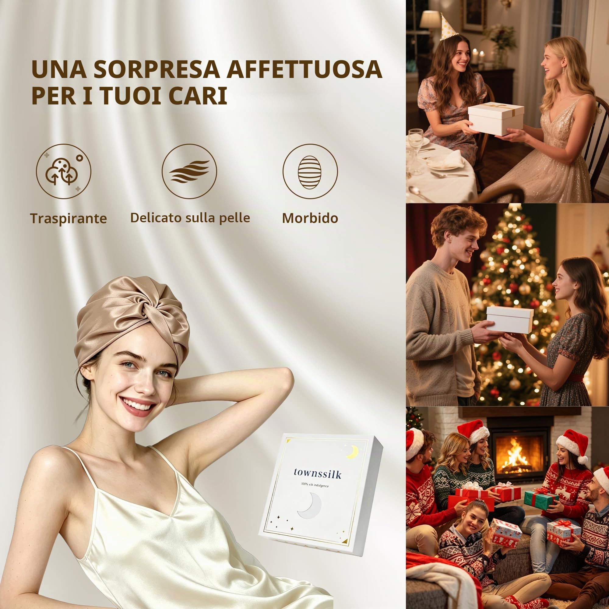 townssilk 100% Seta di gelso, Cappello da Notte da Donna, 16 Momme, in Seta, Ideale per i Capelli, Protegge i Capelli, Cappello da Notte in Seta, Doppio Strato,Coffee