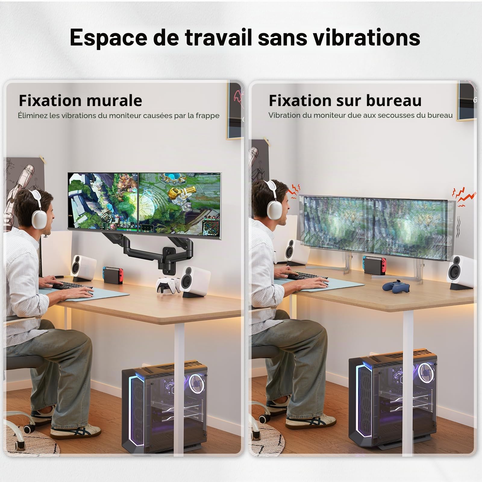 HUANUO Support Mural Double Écrans PC 17-32 Pouces, Bras à Ressort à Gaz, VESA 75/100 mm, 2-8 kg Gaming