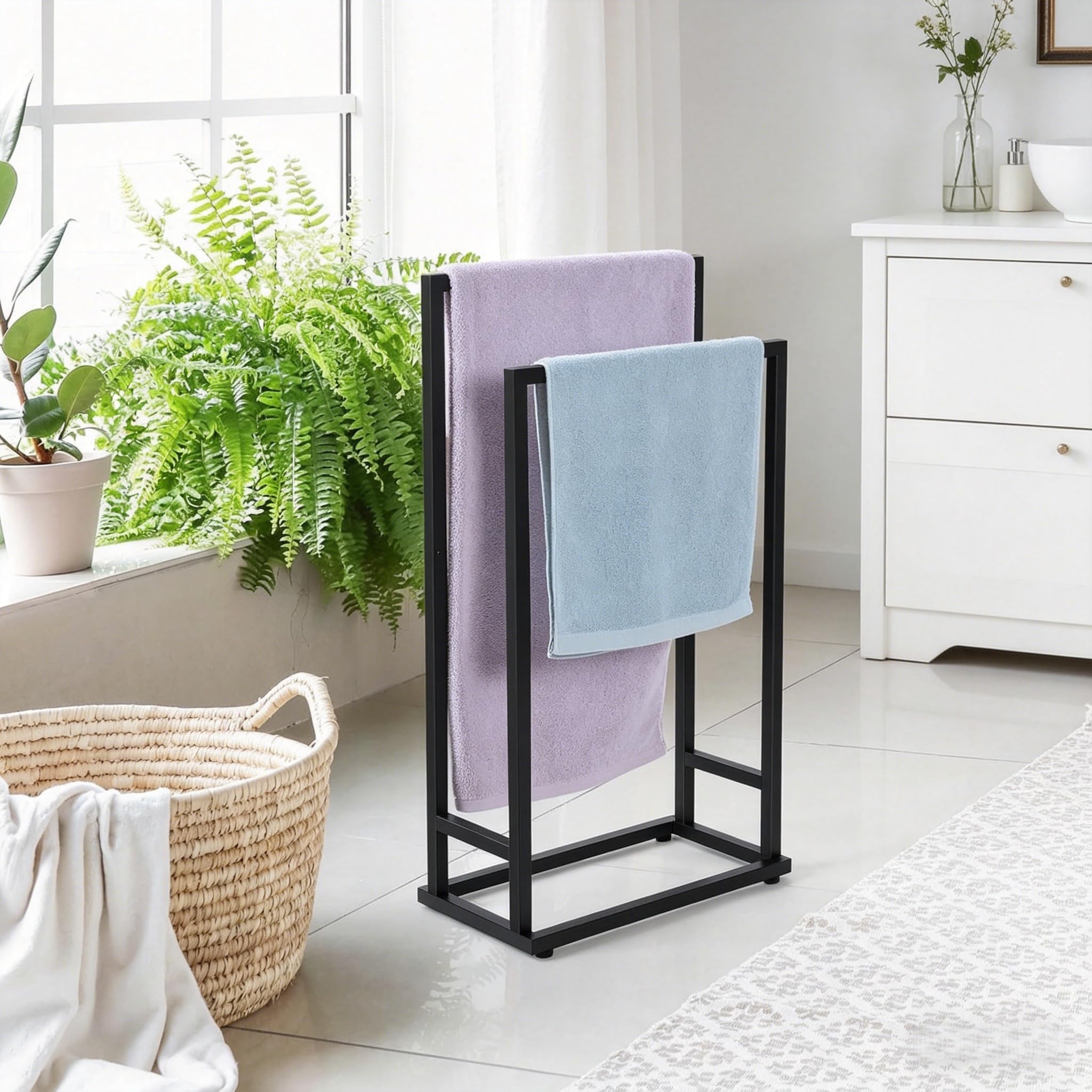 smusei Porte Serviette sur Pied Conception à Double Rail Porte Serviette Salle de Bain sur Pied avec 4 Pieds Réglables pour Piscines Balcons Salons Chambres (Noir, 41 x 21 x 74 cm)