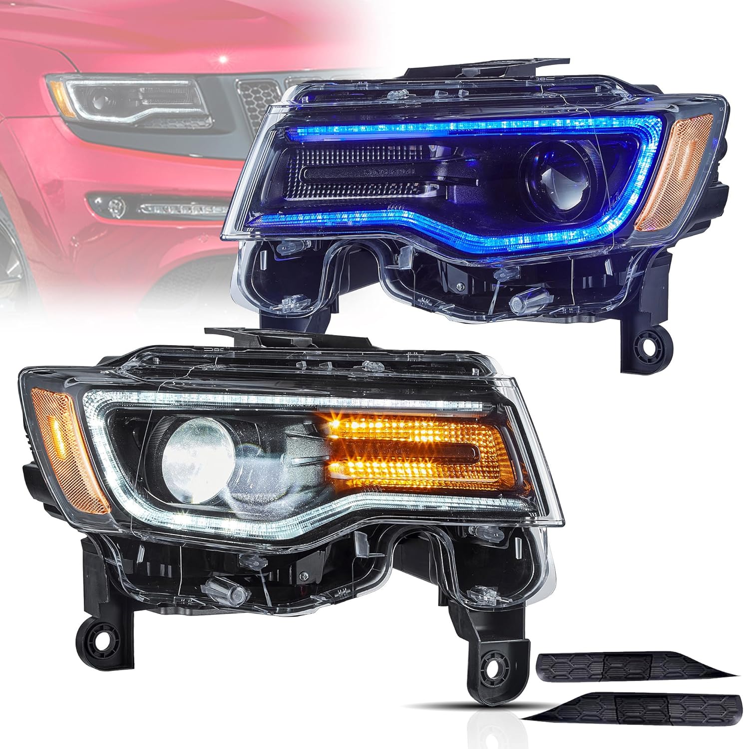 YUANZHENEG Headlights For Jeep Grand Cherokee WK2 2014-2021 4th Gen (Fourth Generation WK2) With Start Bule to White Dynamic Animation and Sequential Tun Signa Front Lamps Assembly, Amber Reflector