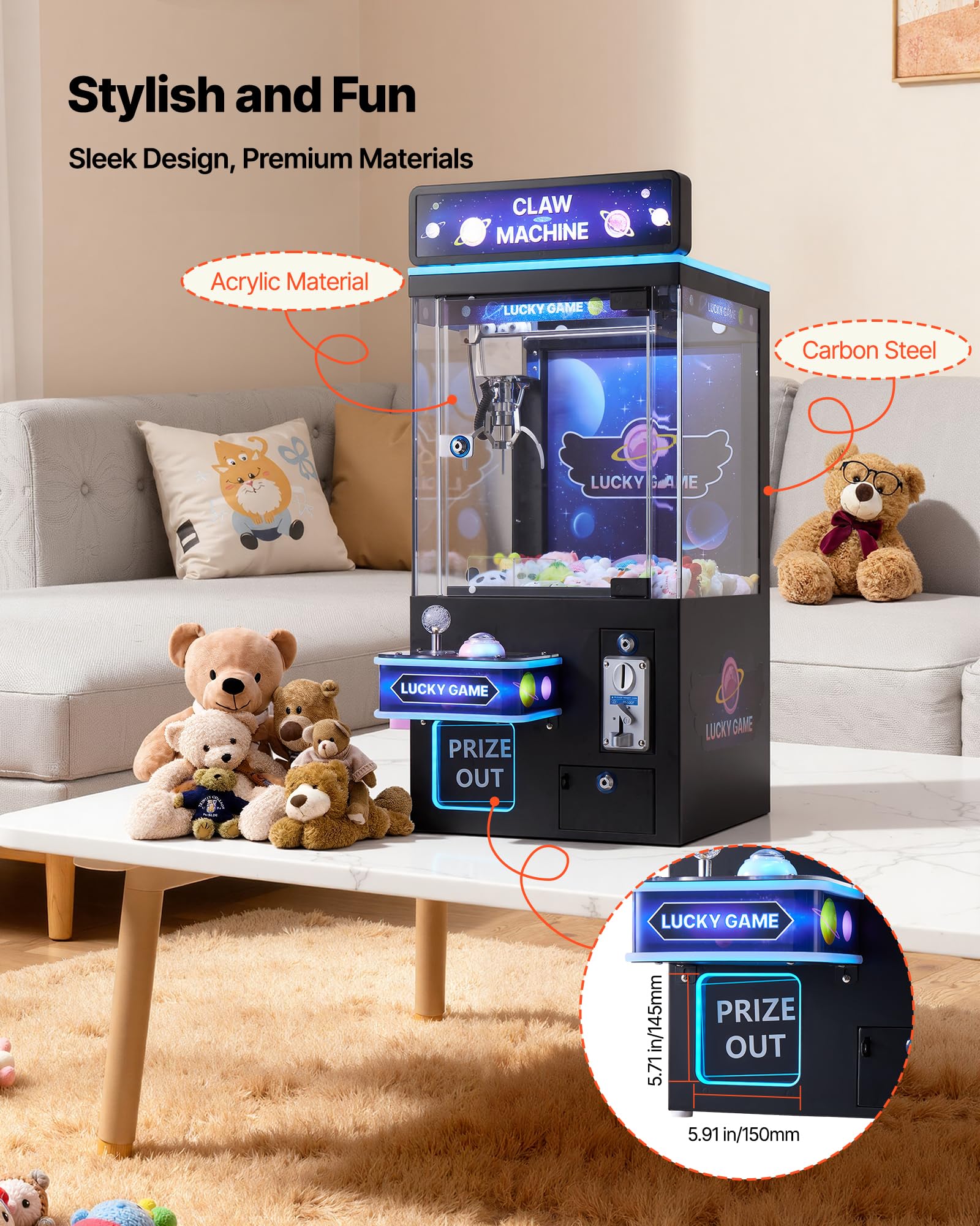 VEVOR Machine à Pince Attrape Peluche Fête Foraine 60 W Jeu Arcade avec Effets Lumineux Sonores Mode Griffe s'adapte aux Peluches 40-80 mm pour Salles de Cinéma, de Jeux Domestiques, Noir et Violet