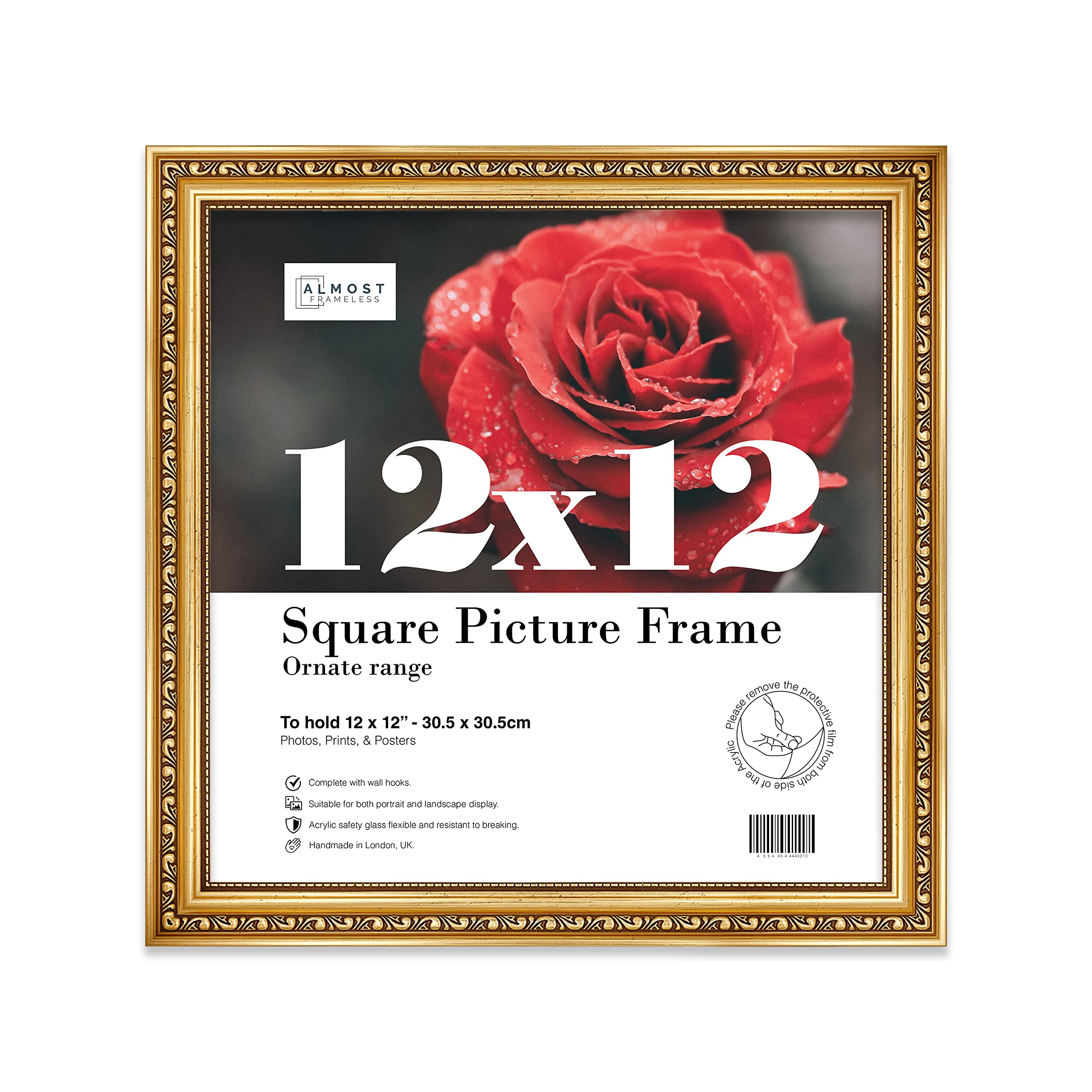 Almost Frameless 12x12 Gold Ornate Picture Frame 12"x12"(30.5x30.5cm) Poster, Photo, Artwork, or Print. Antique Style Portrait and Landscape Display with Wall Hooks