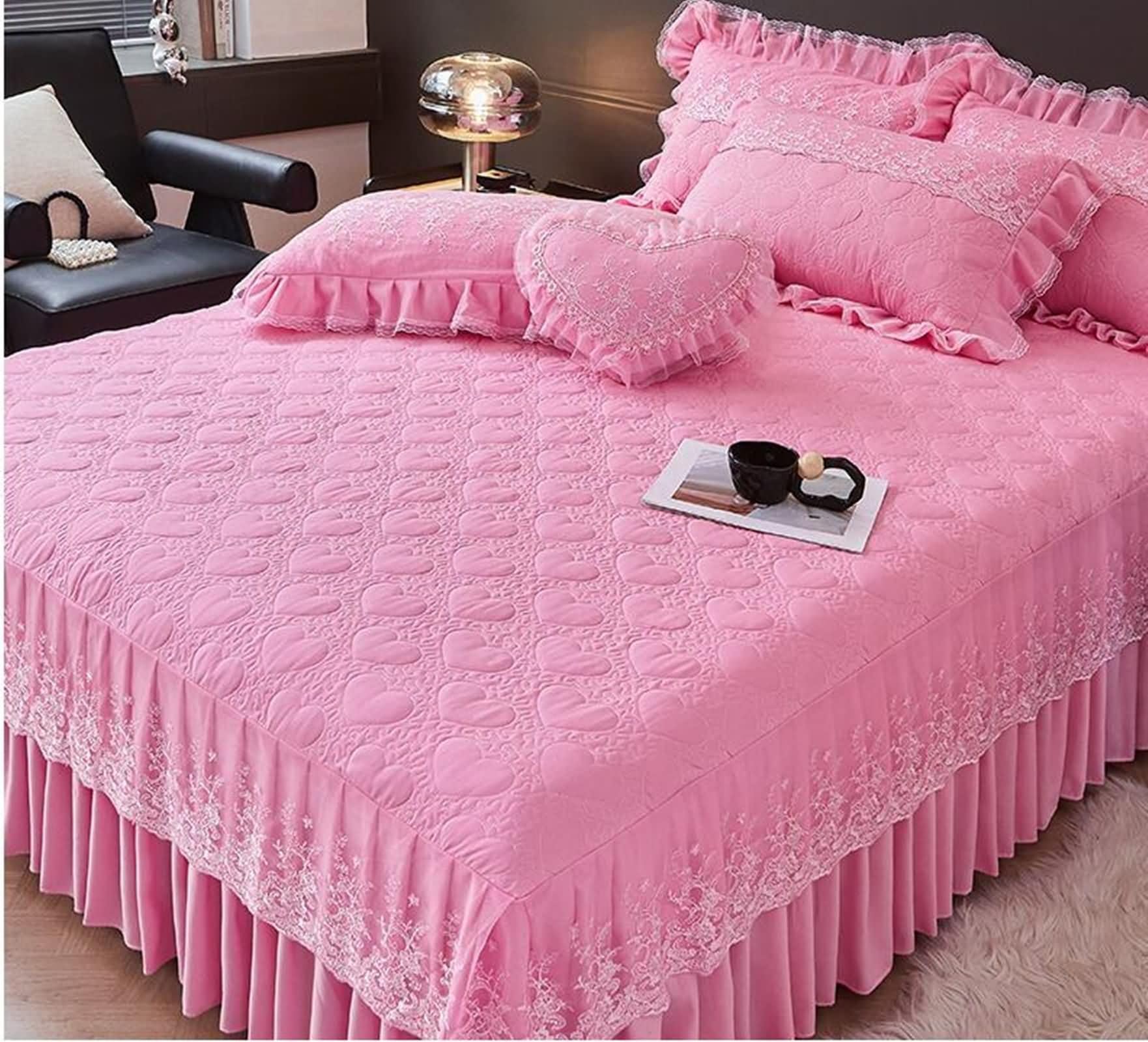 3-częściowy komplet pościeli California King Size z bawełny poliestrowej z gumką, jednolity kolor z haftowaną koronką, 198 x 214 cm + 2 poszewki na poduszki, różowe